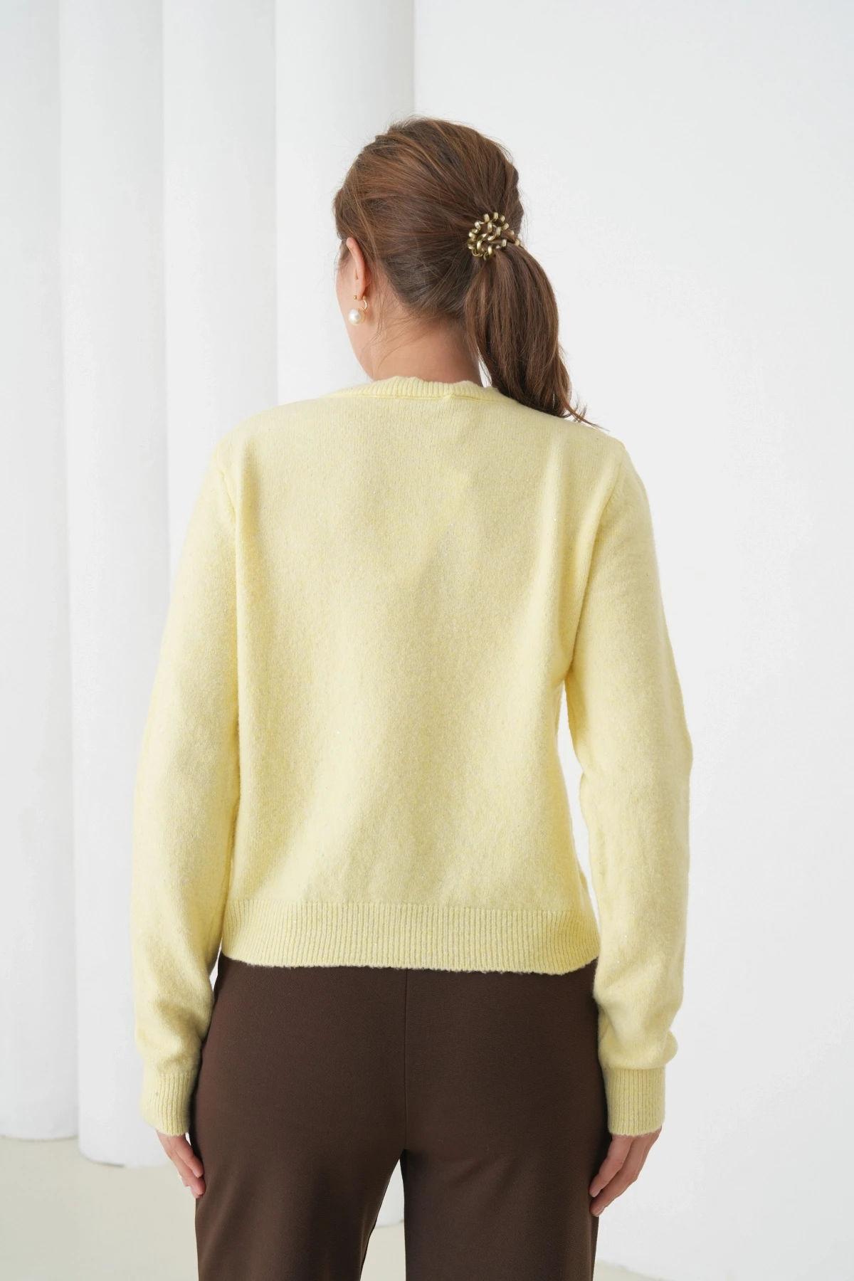 Kadın Sarı Bisiklet Yaka Düğme Detay Yumuşak Dokulu Triko Hırka