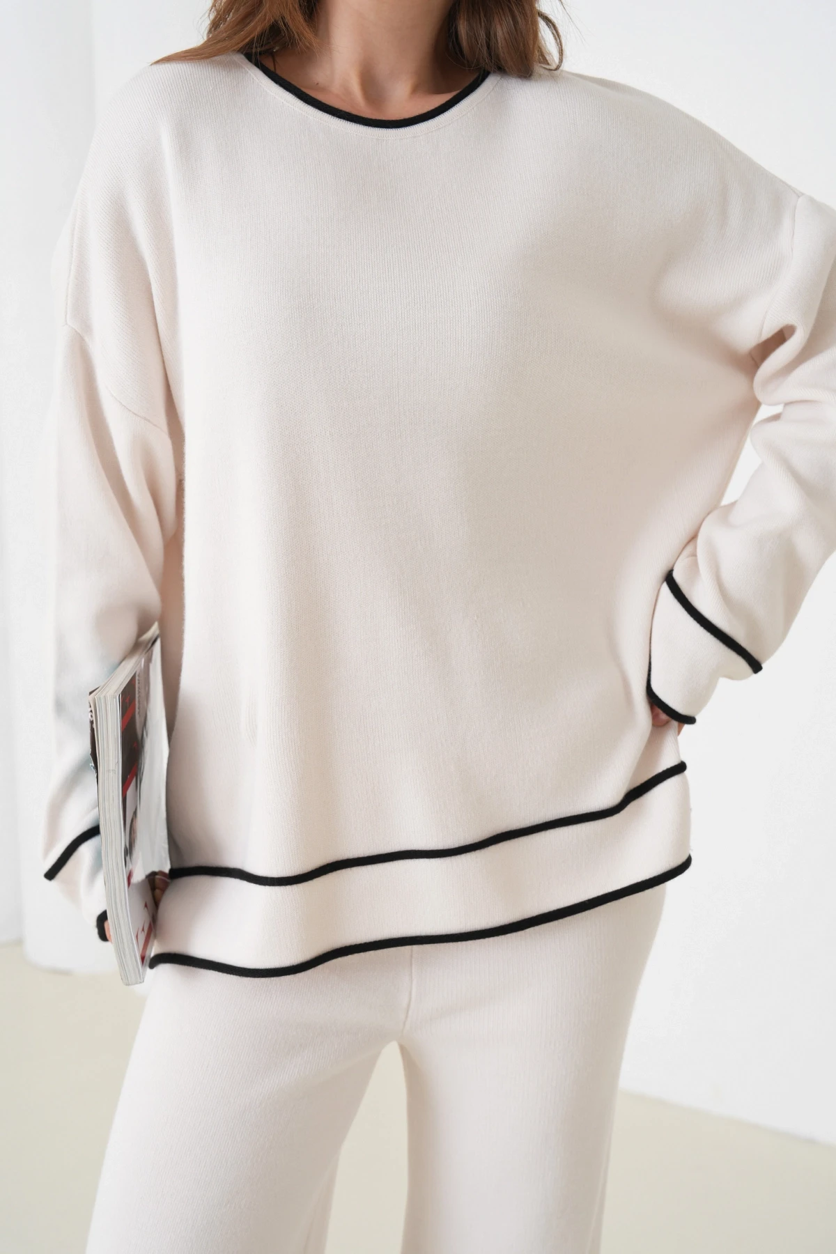 Kadın Bisiklet Yaka Oversize Kazak Pantolon Triko Alt-Üst Takım