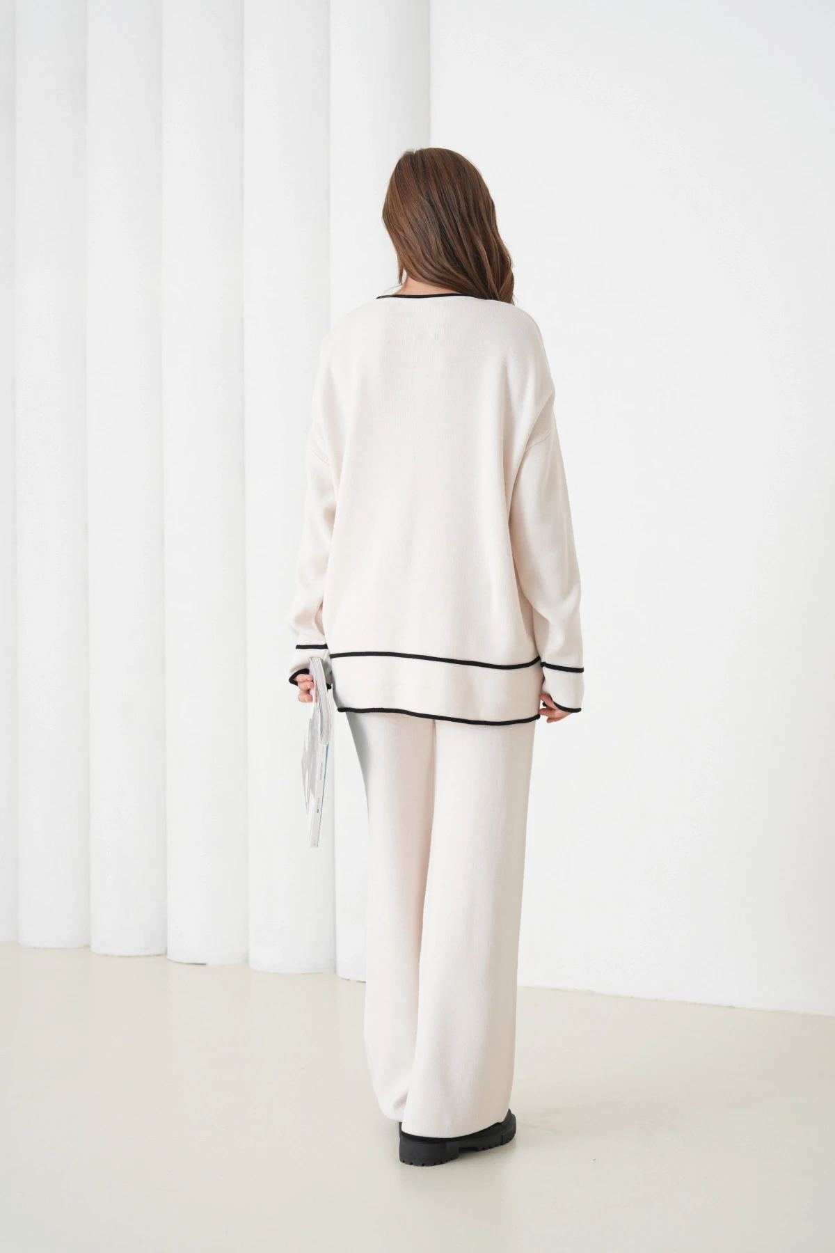 Kadın Bisiklet Yaka Oversize Kazak Pantolon Triko Alt-Üst Takım