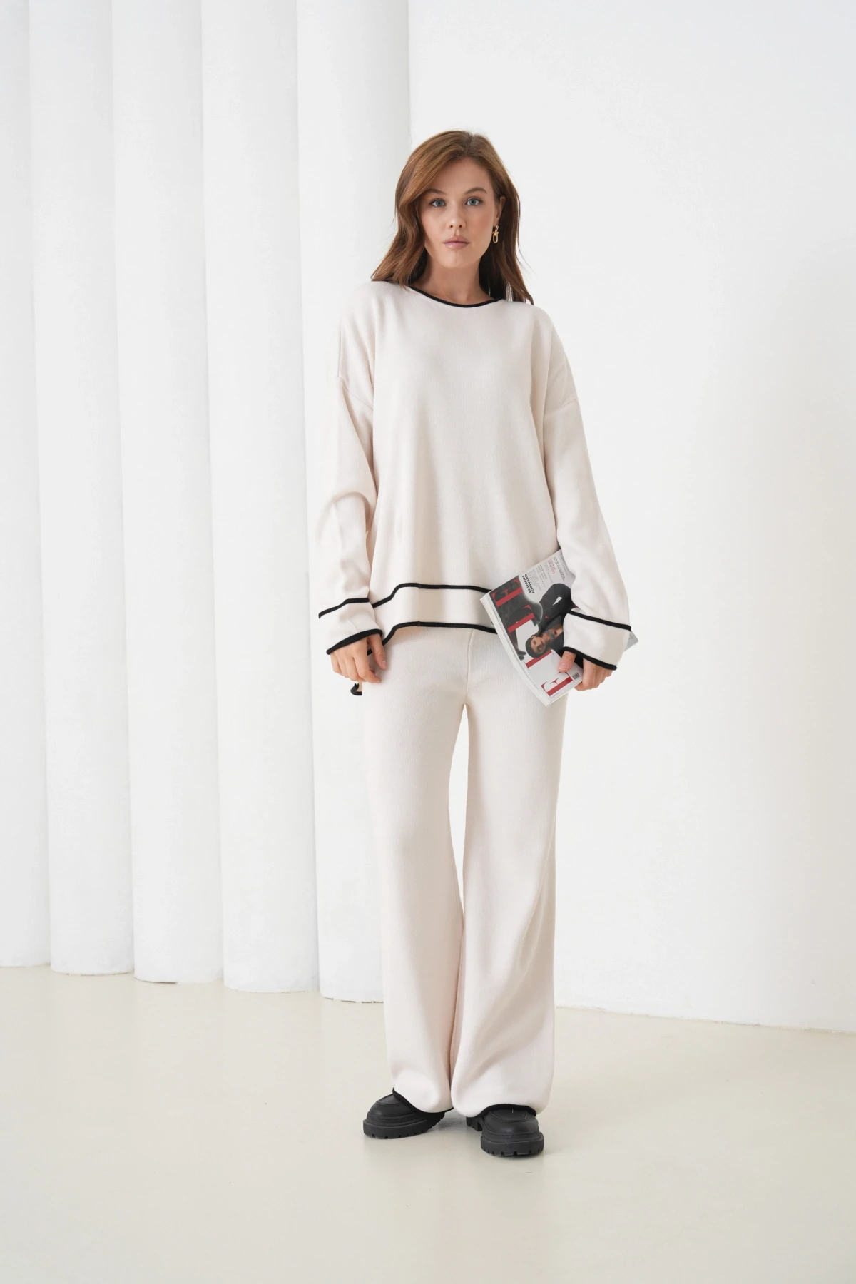 Kadın Bisiklet Yaka Oversize Kazak Pantolon Triko Alt-Üst Takım