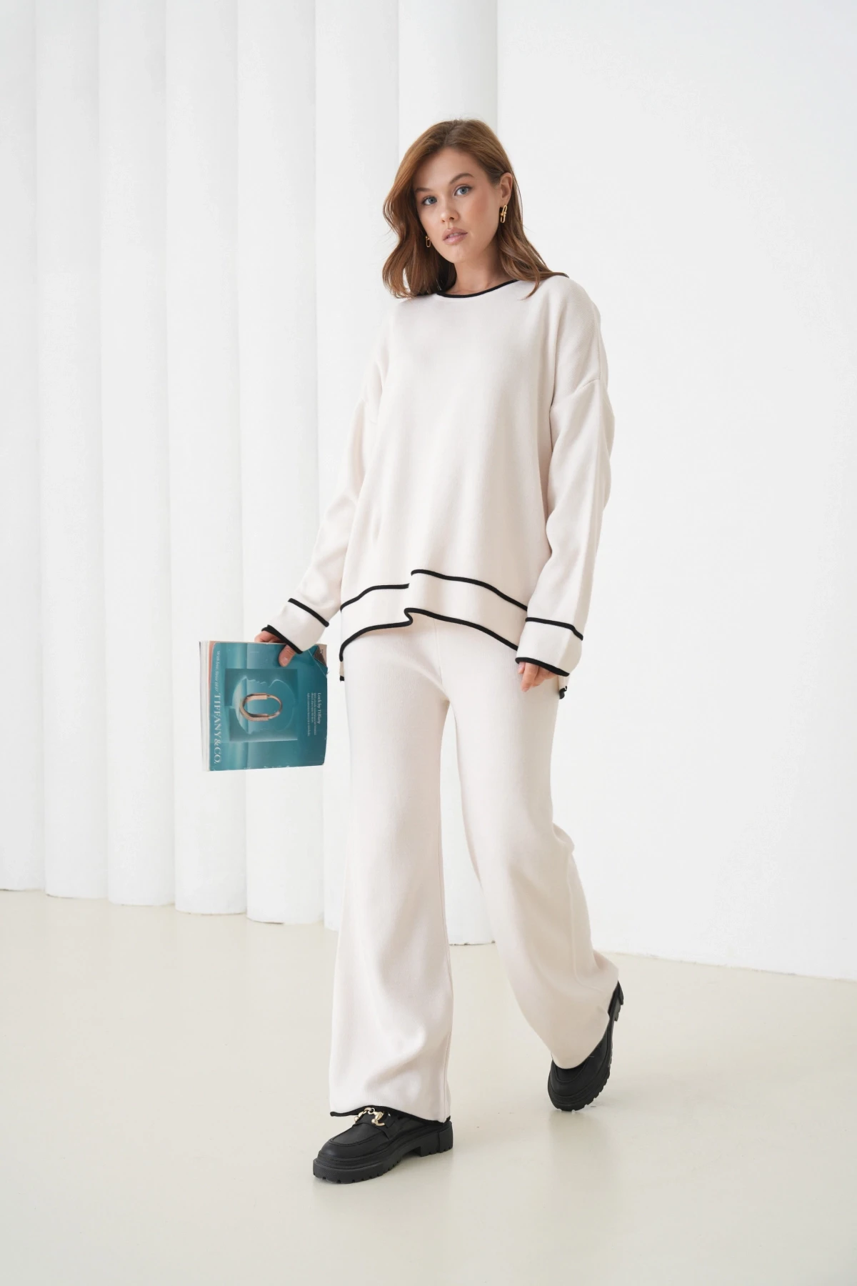 Kadın Bisiklet Yaka Oversize Kazak Pantolon Triko Alt-Üst Takım