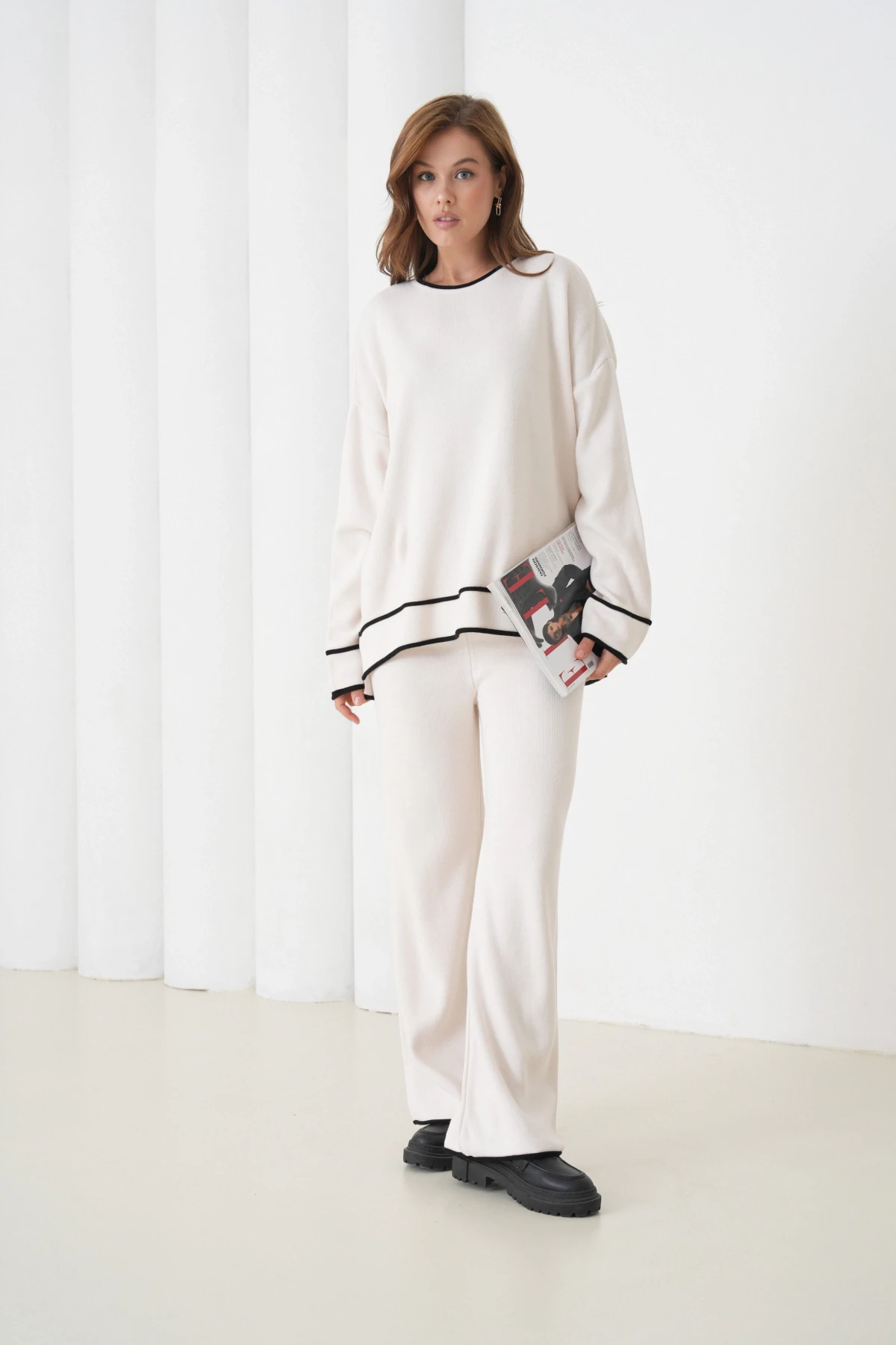 Kadın Bisiklet Yaka Oversize Kazak Pantolon Triko Alt-Üst Takım