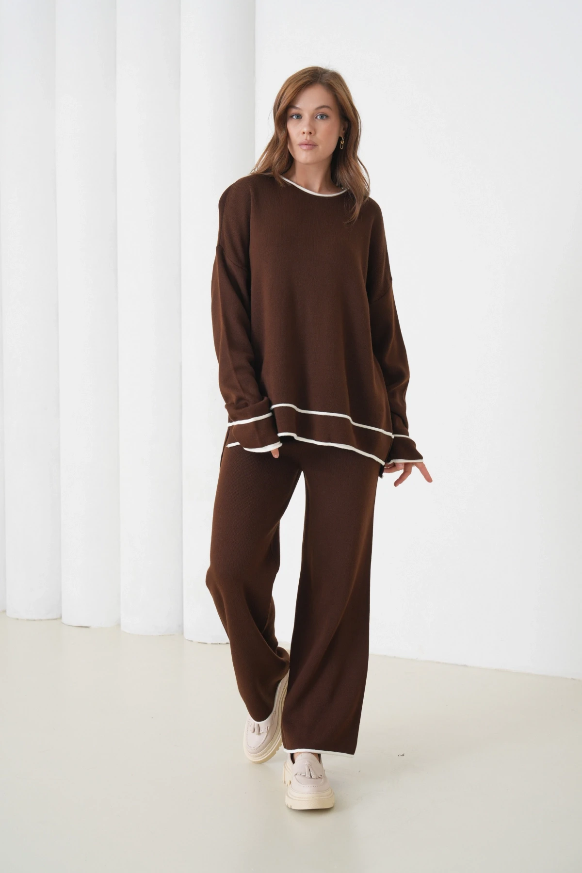 Kadın Bisiklet Yaka Oversize Kazak Pantolon Triko Alt-Üst Takım