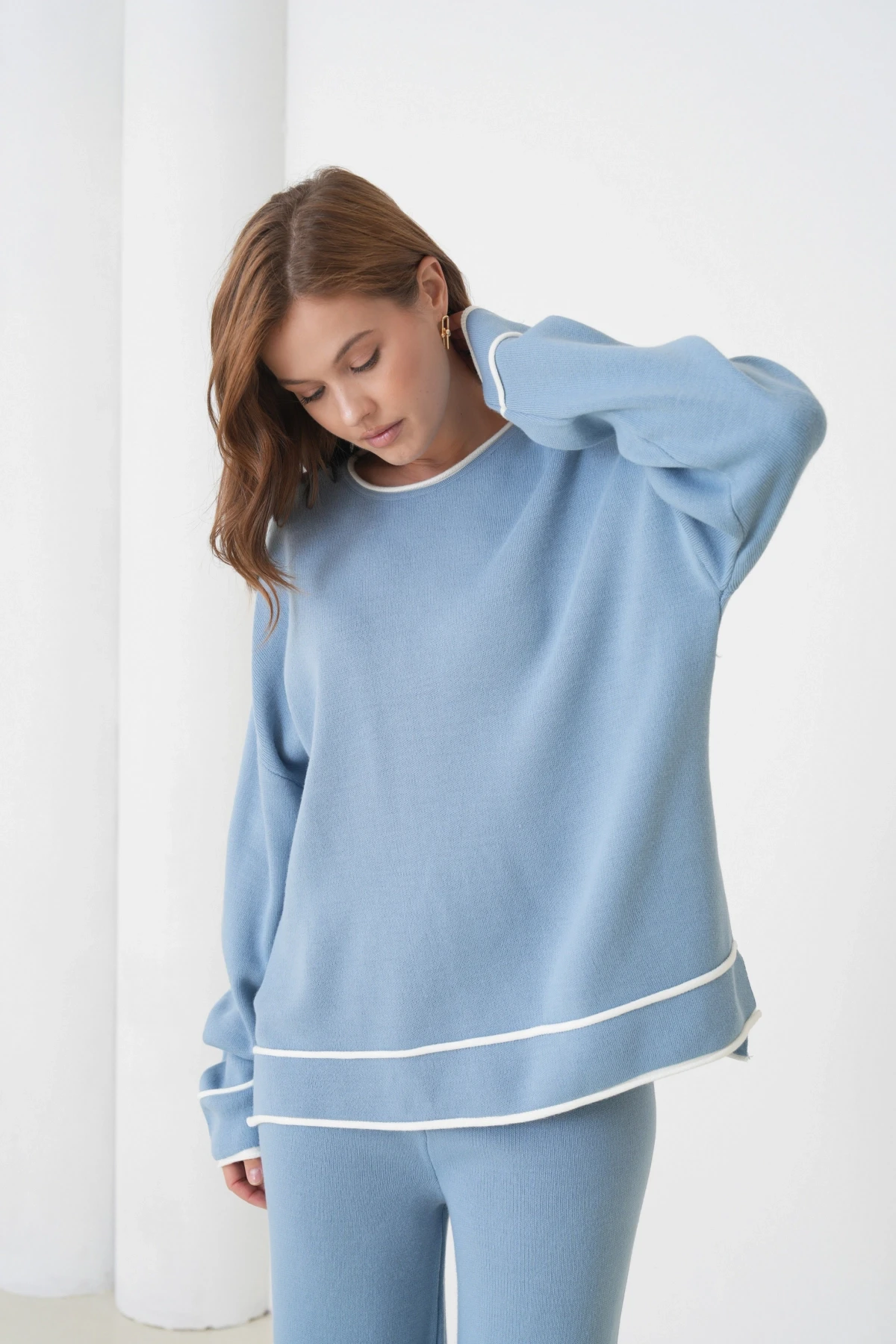 Kadın Bisiklet Yaka Oversize Kazak Pantolon Triko Alt-Üst Takım