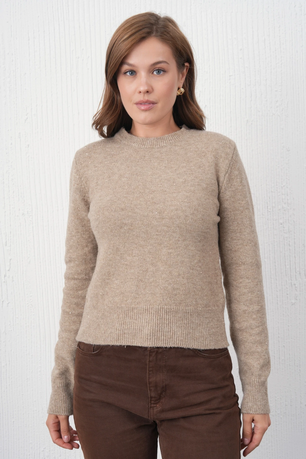 Kadın Vizon Bisiklet Yaka Simli Yumuşak Dokulu Triko Kazak