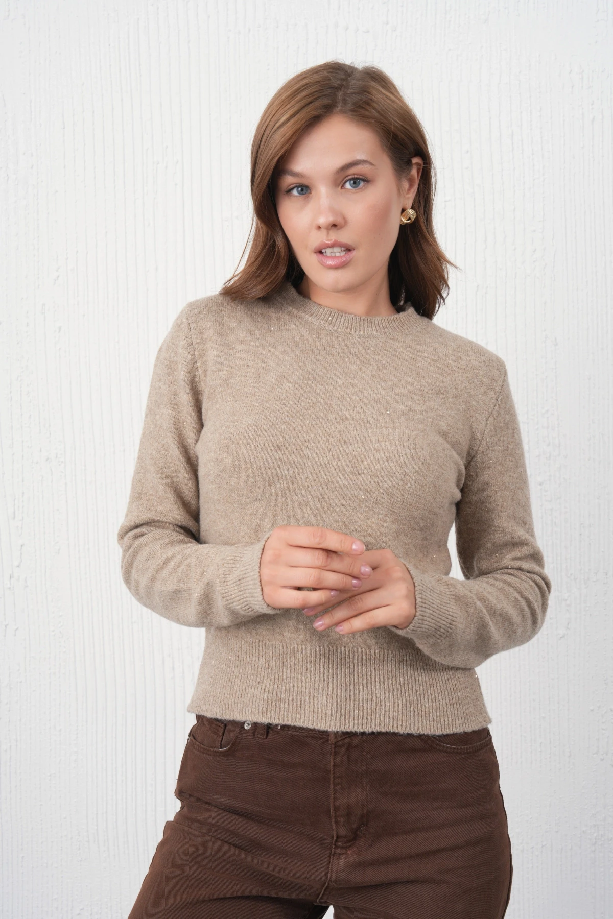 Kadın Vizon Bisiklet Yaka Simli Yumuşak Dokulu Triko Kazak