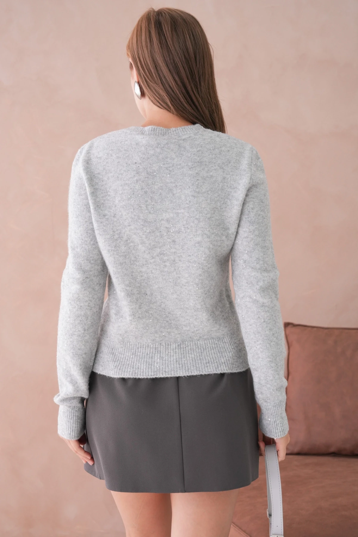 Kadın Gri Bisiklet Yaka Simli Yumuşak Dokulu Triko Kazak