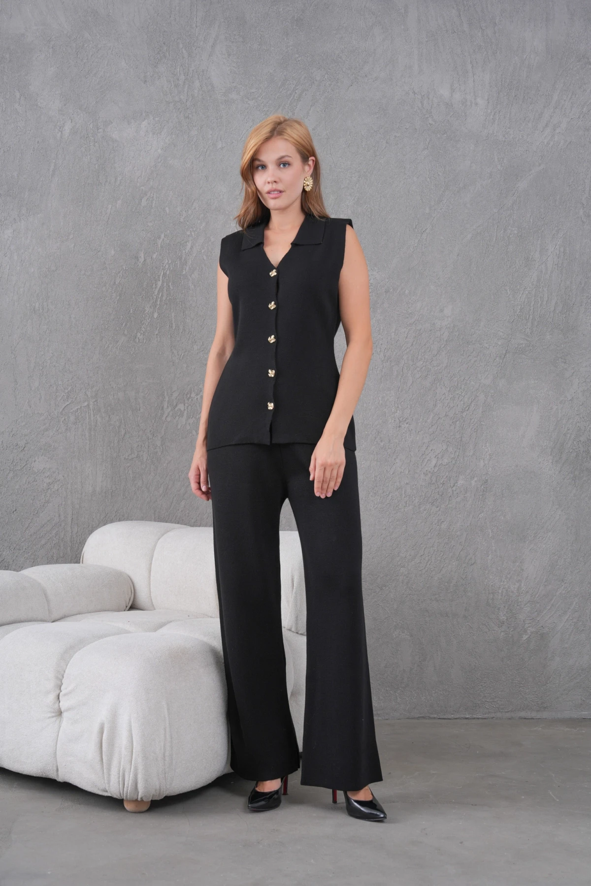 Kadın Siyah Gömlek Yaka Düğmeli Yelek Palazzo Pantolon Triko Alt-Üst Takım