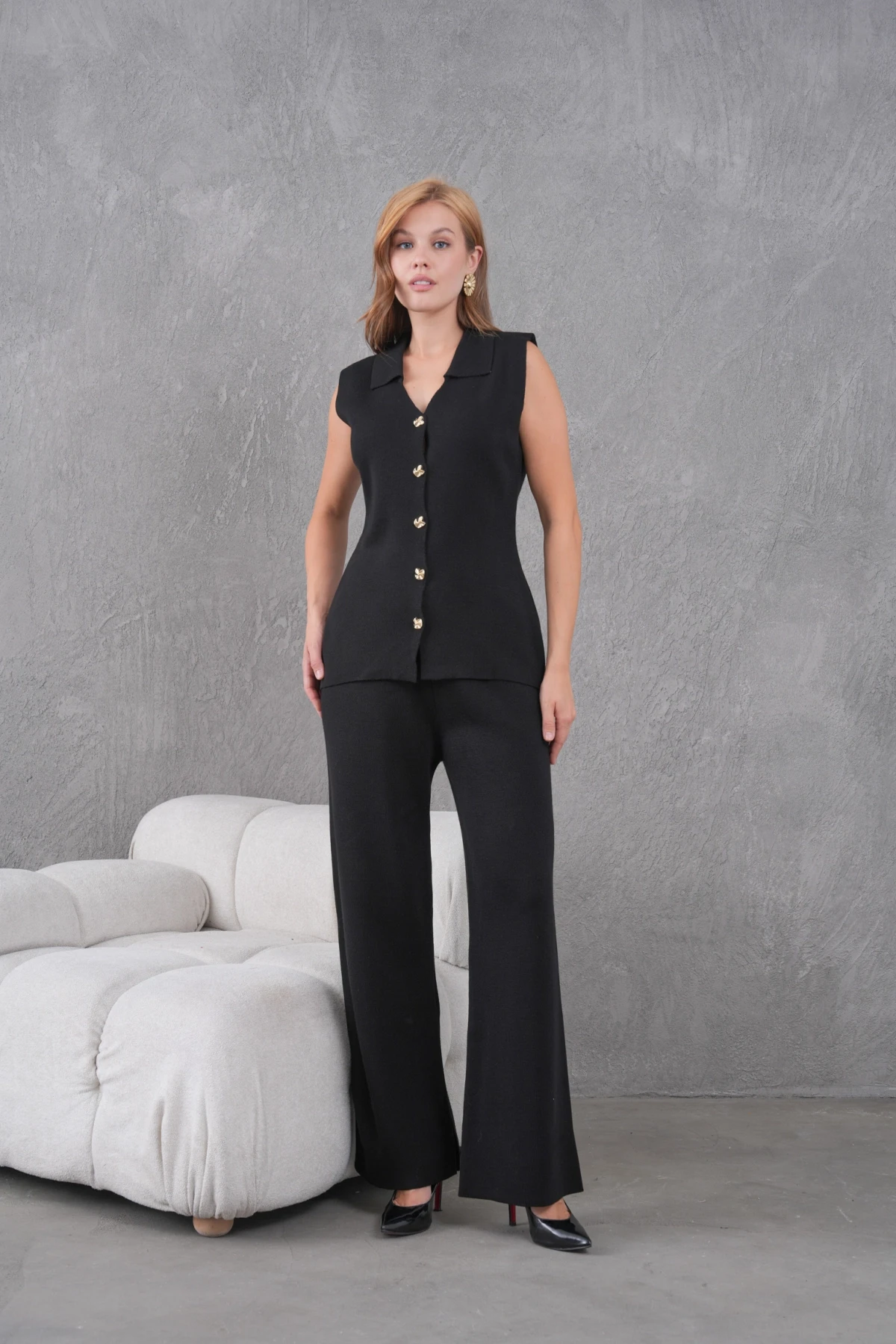Kadın Siyah Gömlek Yaka Düğmeli Yelek Palazzo Pantolon Triko Alt-Üst Takım