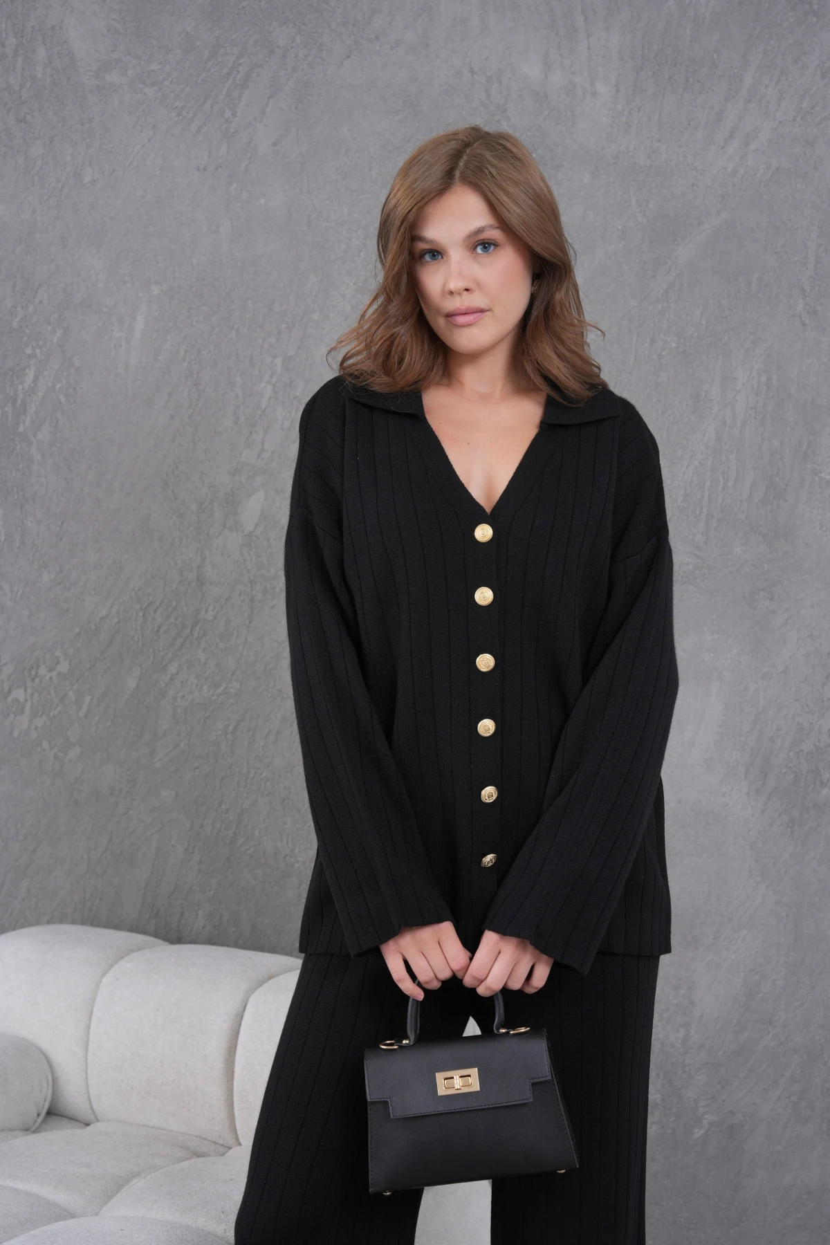 Kadın Siyah Kendinden Dokulu Düğmeli Kazak Pantolon Triko Alt-Üst Takım