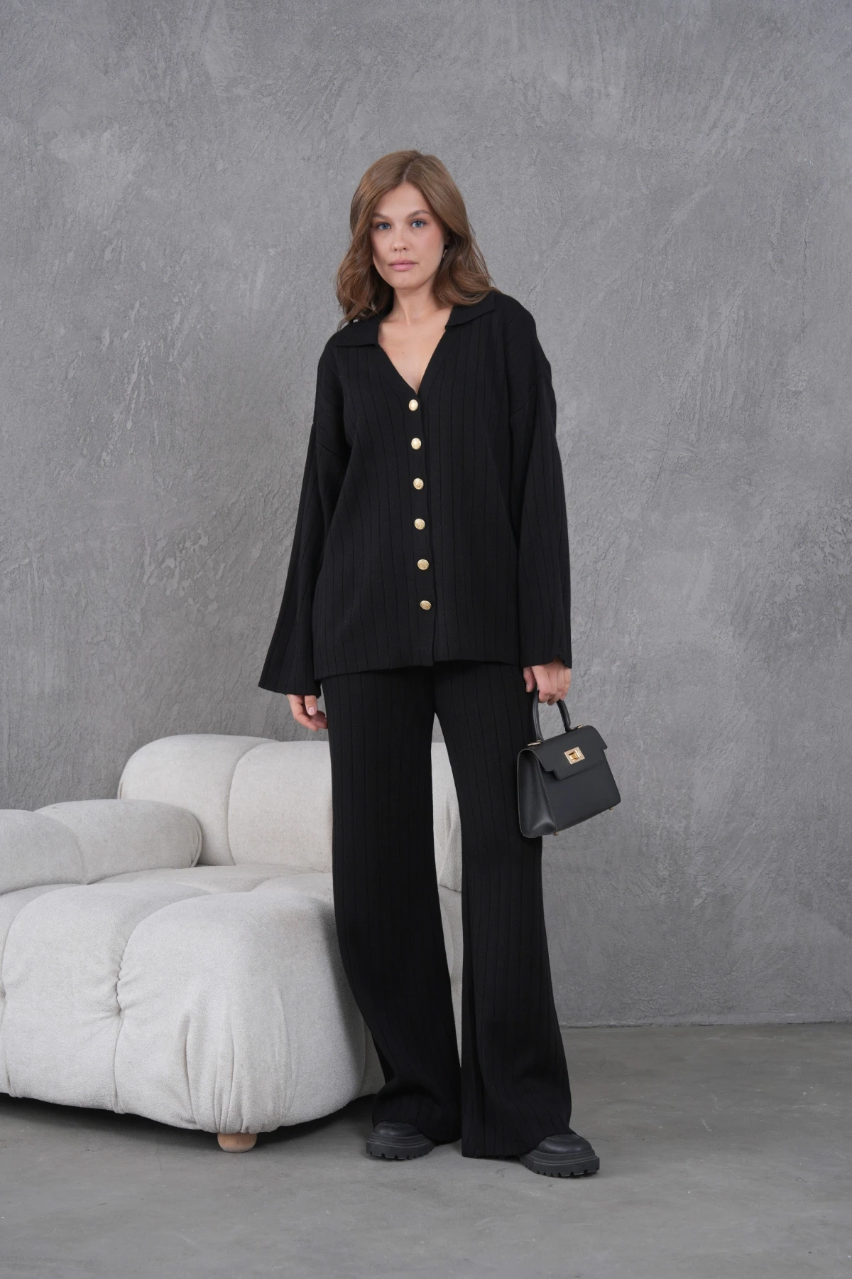 Kadın Siyah Kendinden Dokulu Düğmeli Kazak Pantolon Triko Alt-Üst Takım