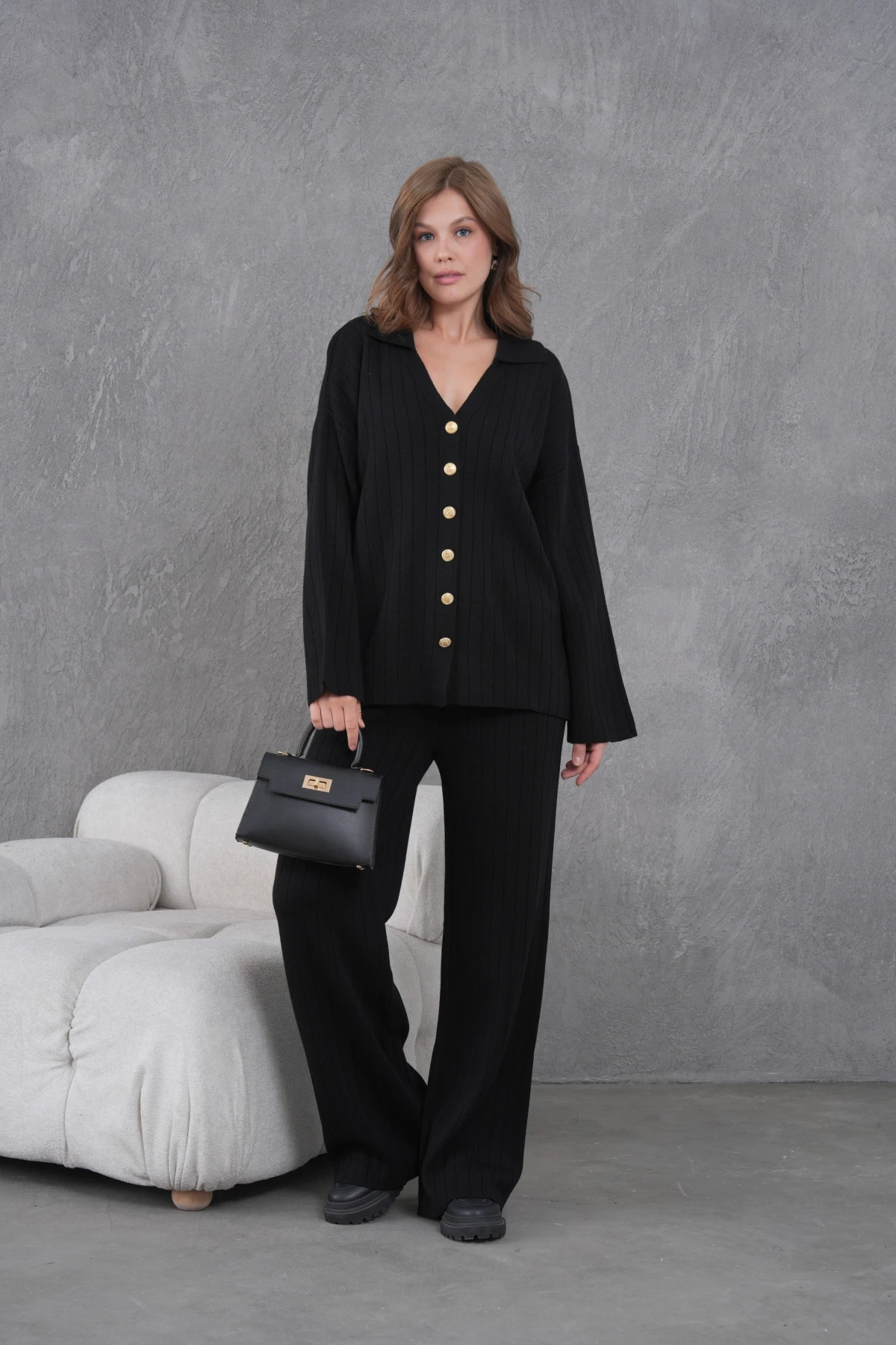 Kadın Siyah Kendinden Dokulu Düğmeli Kazak Pantolon Triko Alt-Üst Takım