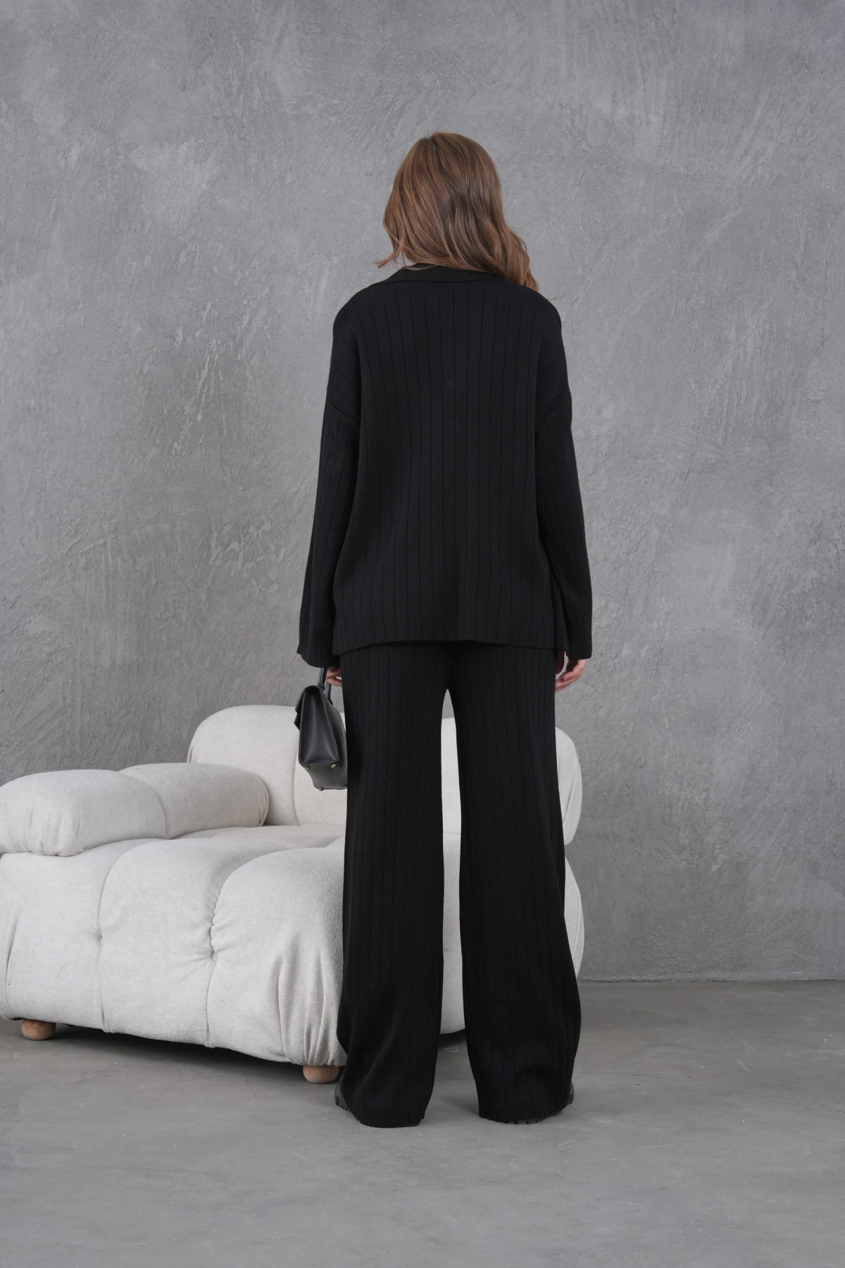 Kadın Siyah Kendinden Dokulu Düğmeli Kazak Pantolon Triko Alt-Üst Takım