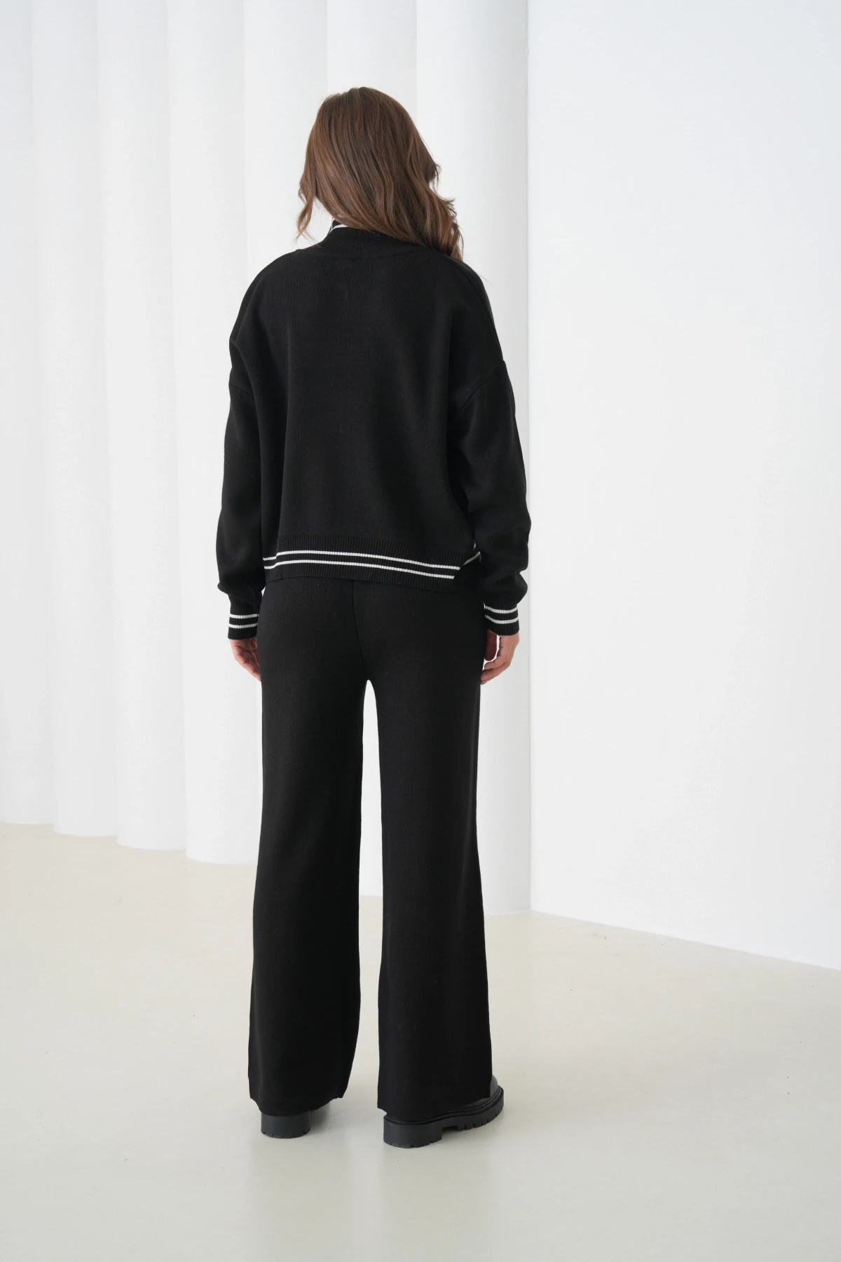 Kadın Siyah Polo Yaka Fermuarlı Kazak Pantolon Triko Alt-Üst Takım