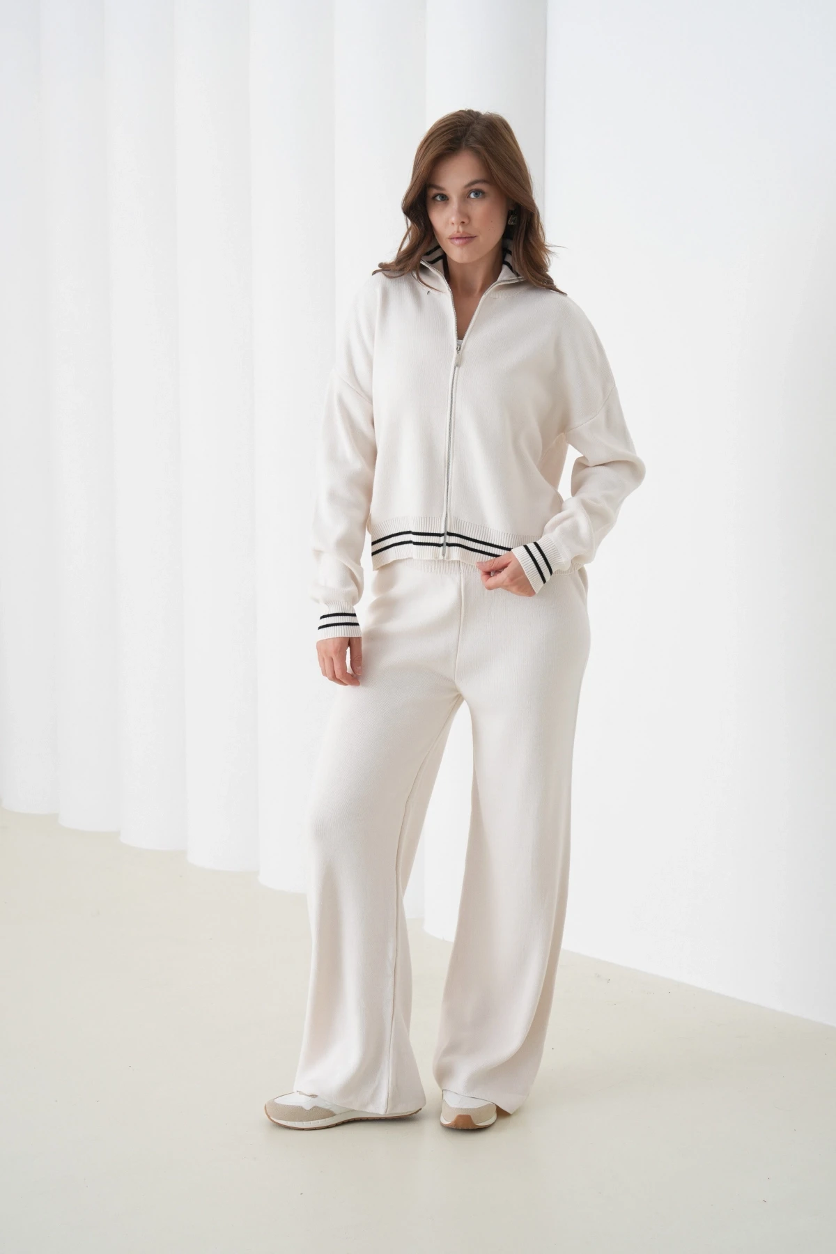 Kadın Polo Yaka Fermuarlı Kazak Pantolon Triko Alt-Üst Takım