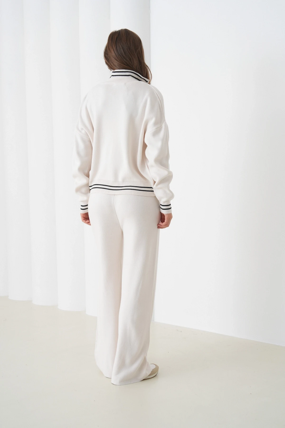 Kadın Polo Yaka Fermuarlı Kazak Pantolon Triko Alt-Üst Takım