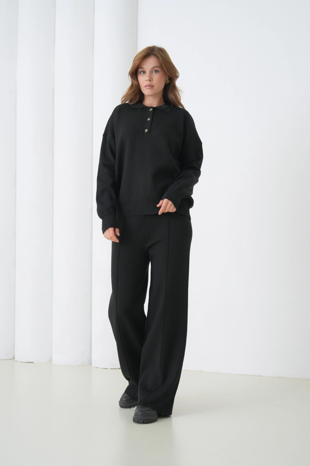 Kadın Siyah Polo Yaka Kazak Pantolon Triko Alt-Üst Takım