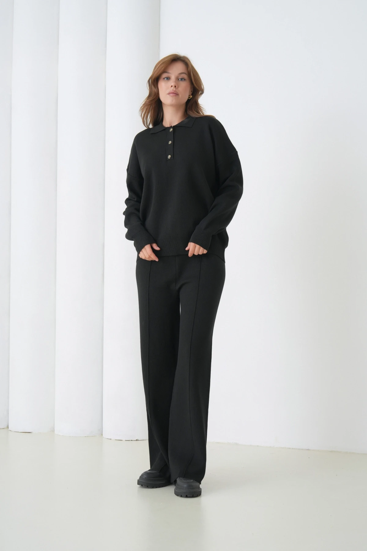 Kadın Siyah Polo Yaka Kazak Pantolon Triko Alt-Üst Takım