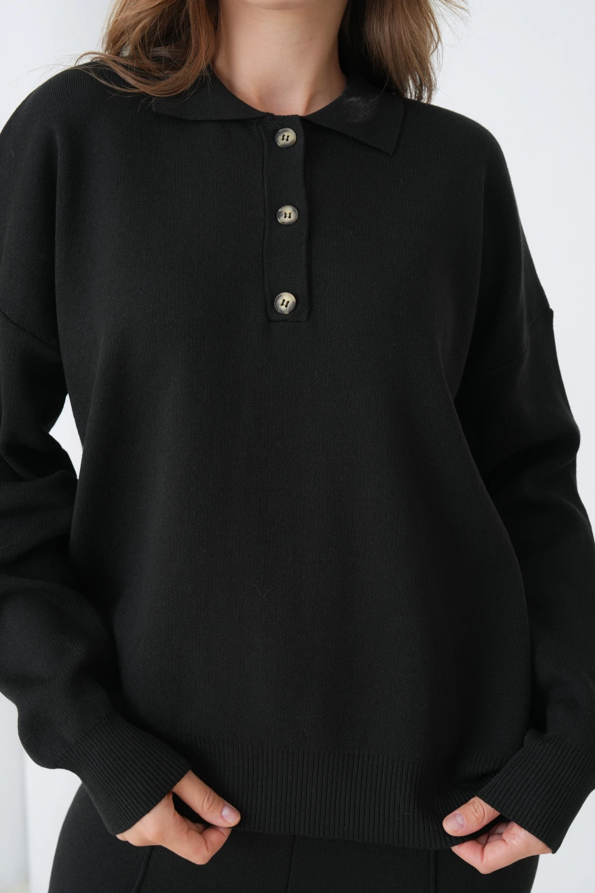 Kadın Siyah Polo Yaka Kazak Pantolon Triko Alt-Üst Takım