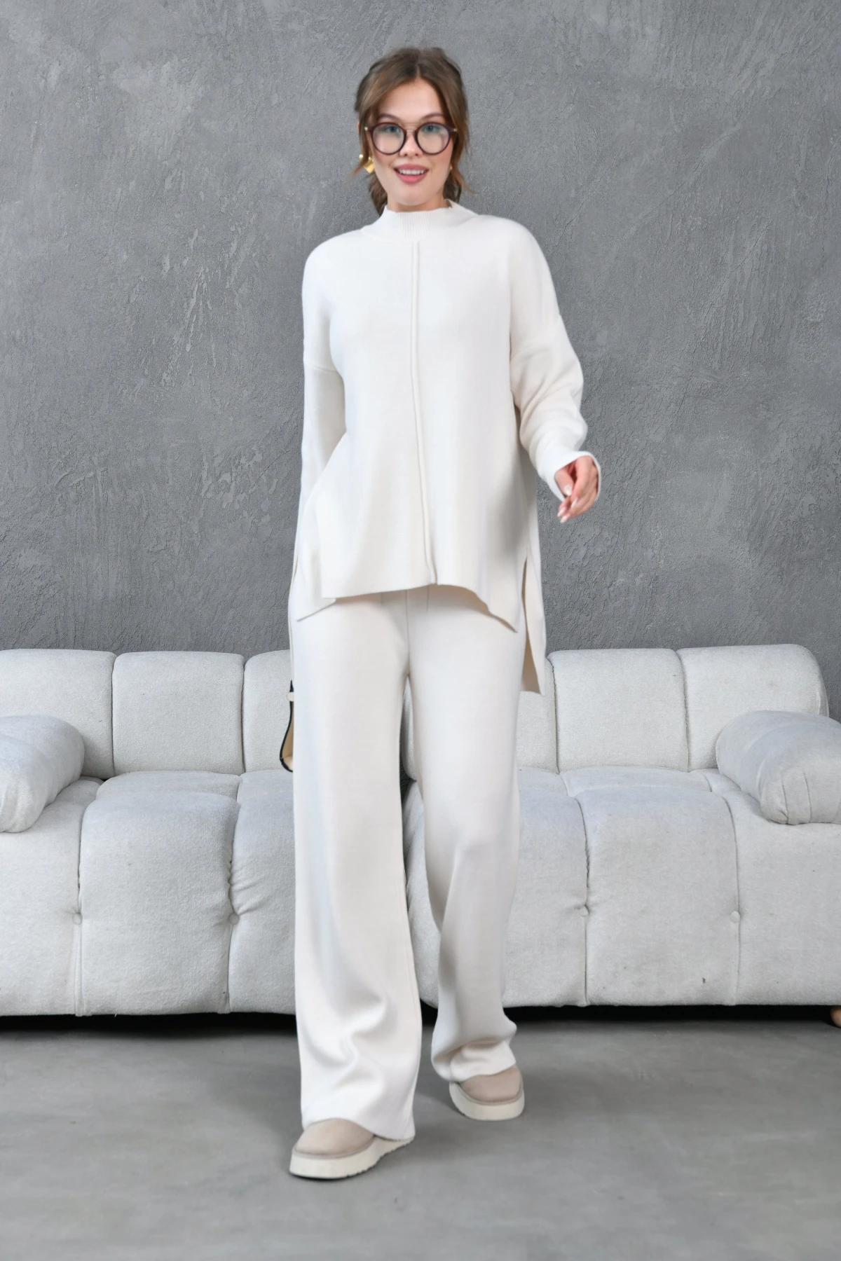 Kadın Taş Dik Yaka Yırtmaçlı Kazak Pantolon Triko Alt-Üst Takım