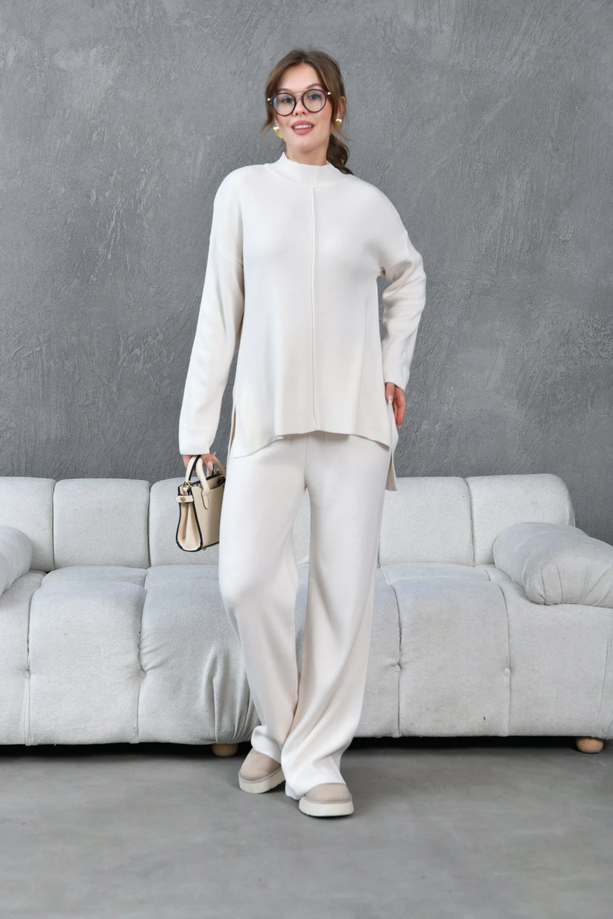 Kadın Taş Dik Yaka Yırtmaçlı Kazak Pantolon Triko Alt-Üst Takım