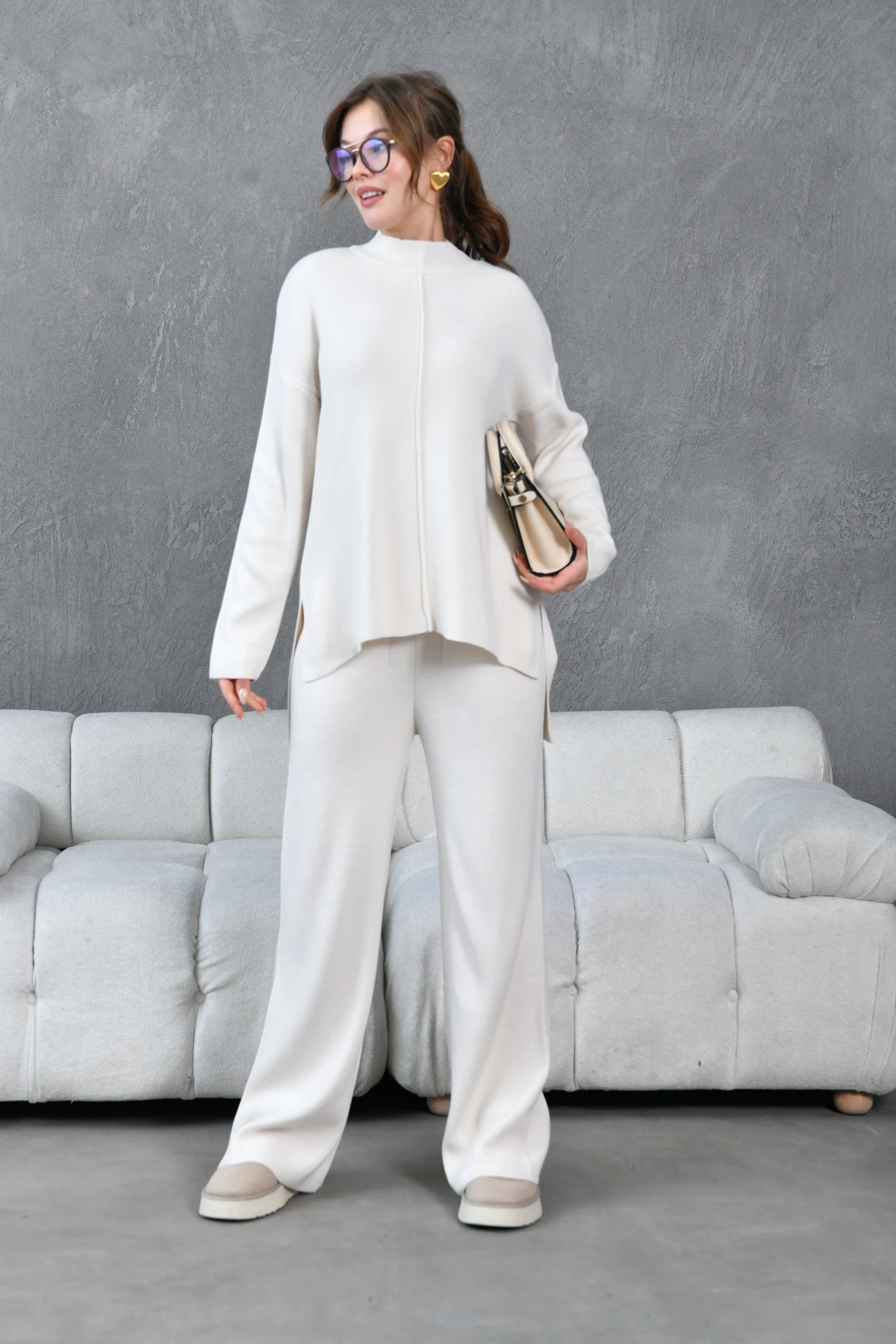 Kadın Taş Dik Yaka Yırtmaçlı Kazak Pantolon Triko Alt-Üst Takım