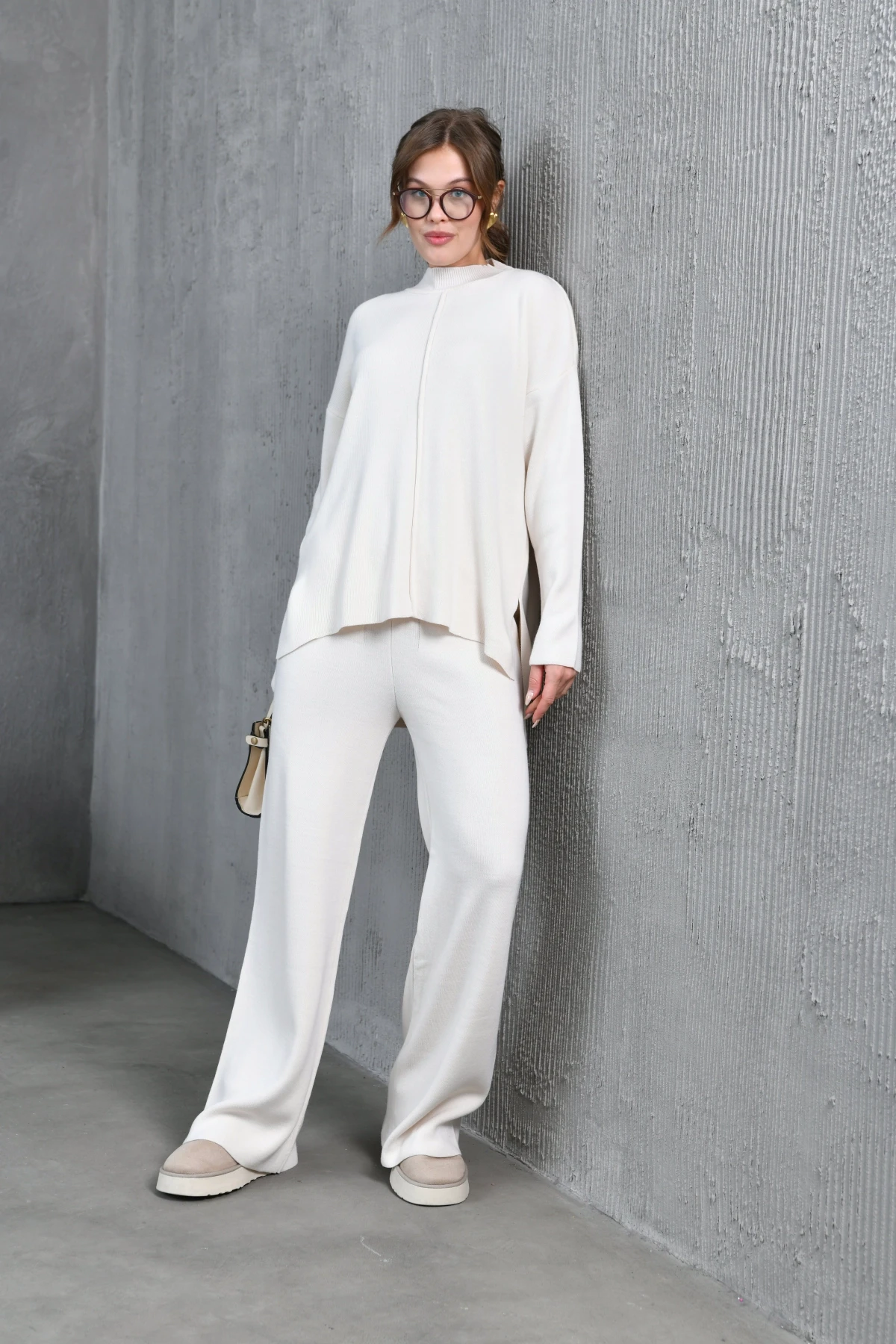 Kadın Taş Dik Yaka Yırtmaçlı Kazak Pantolon Triko Alt-Üst Takım