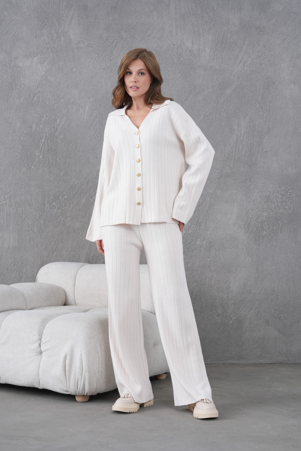 Kadın Taş Kendinden Dokulu Düğmeli Kazak Pantolon Triko Alt-Üst Takım