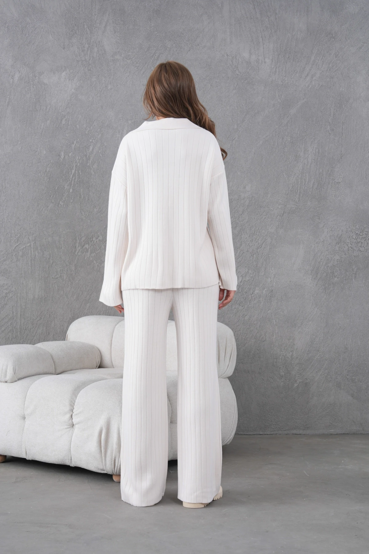 Kadın Taş Kendinden Dokulu Düğmeli Kazak Pantolon Triko Alt-Üst Takım