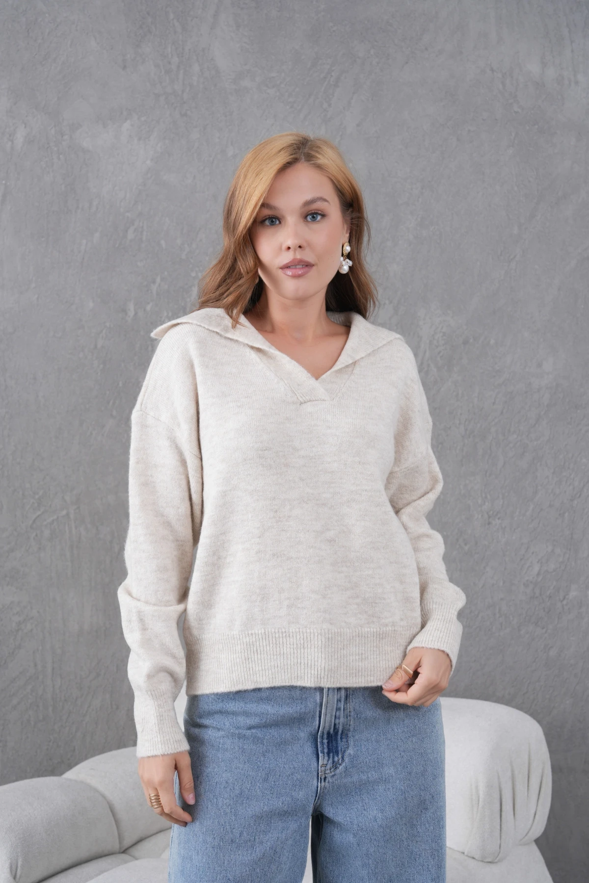 Kadın Taş Polo Yaka Oversize Yarım Pat Yumuşak Dokulu Triko Kazak