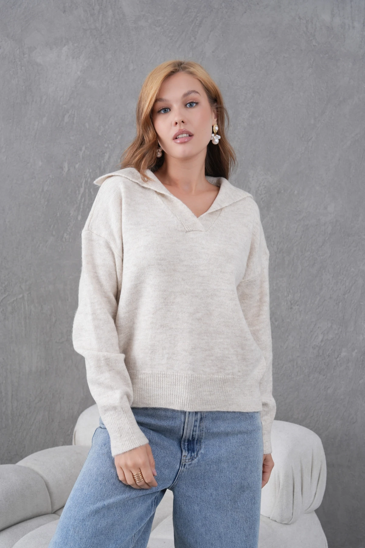 Kadın Taş Polo Yaka Oversize Yarım Pat Yumuşak Dokulu Triko Kazak