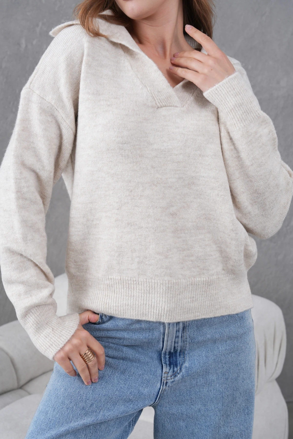 Kadın Taş Polo Yaka Oversize Yarım Pat Yumuşak Dokulu Triko Kazak