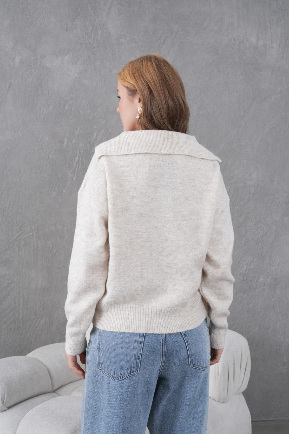 Kadın Taş Polo Yaka Oversize Yarım Pat Yumuşak Dokulu Triko Kazak