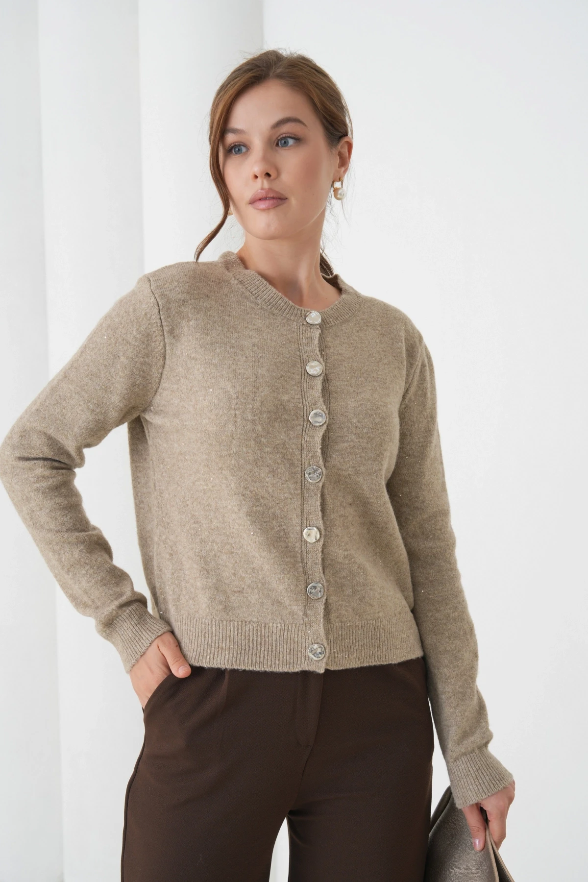 Kadın Vizon Bisiklet Yaka Düğme Detay Yumuşak Dokulu Triko Hırka