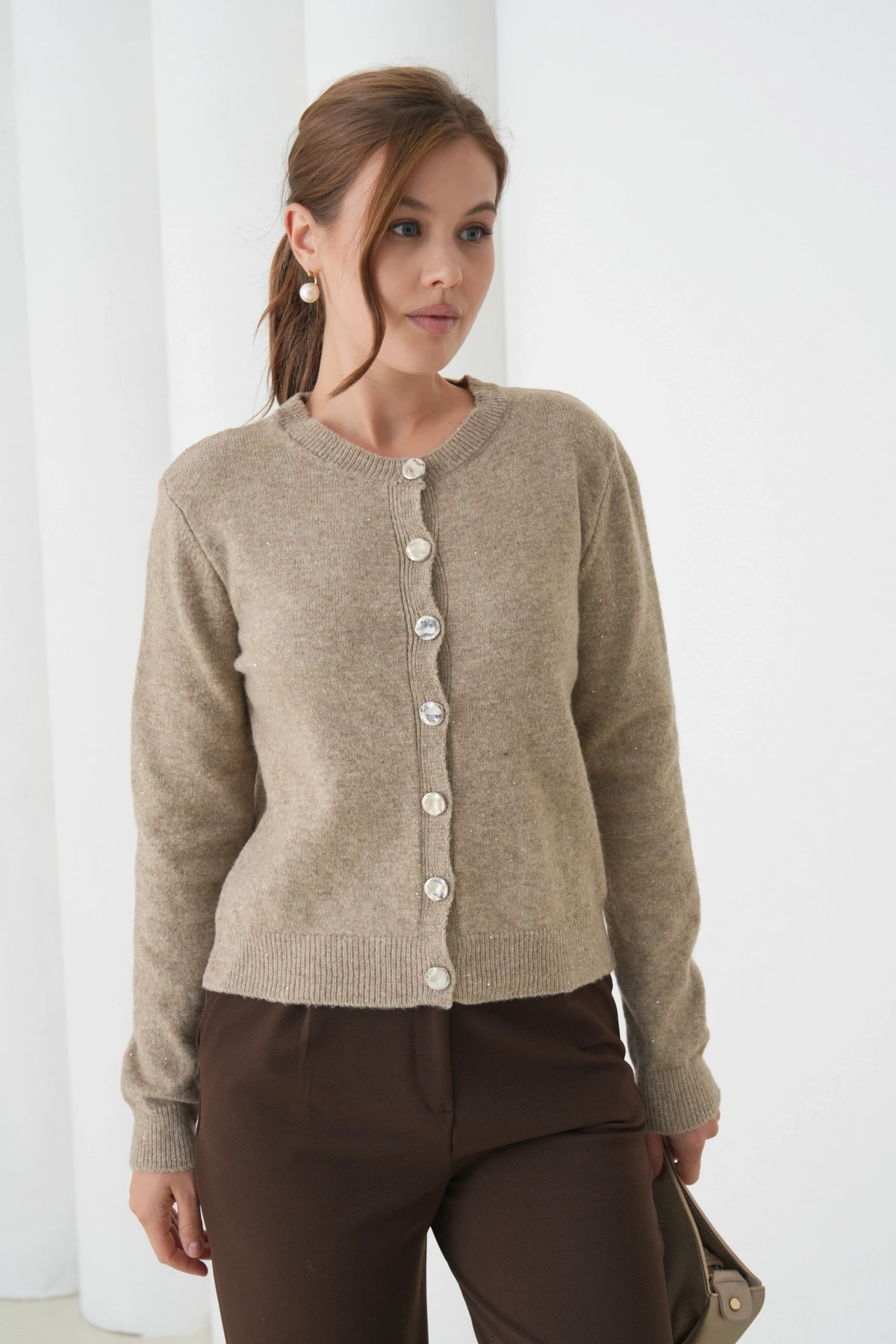 Kadın Vizon Bisiklet Yaka Düğme Detay Yumuşak Dokulu Triko Hırka