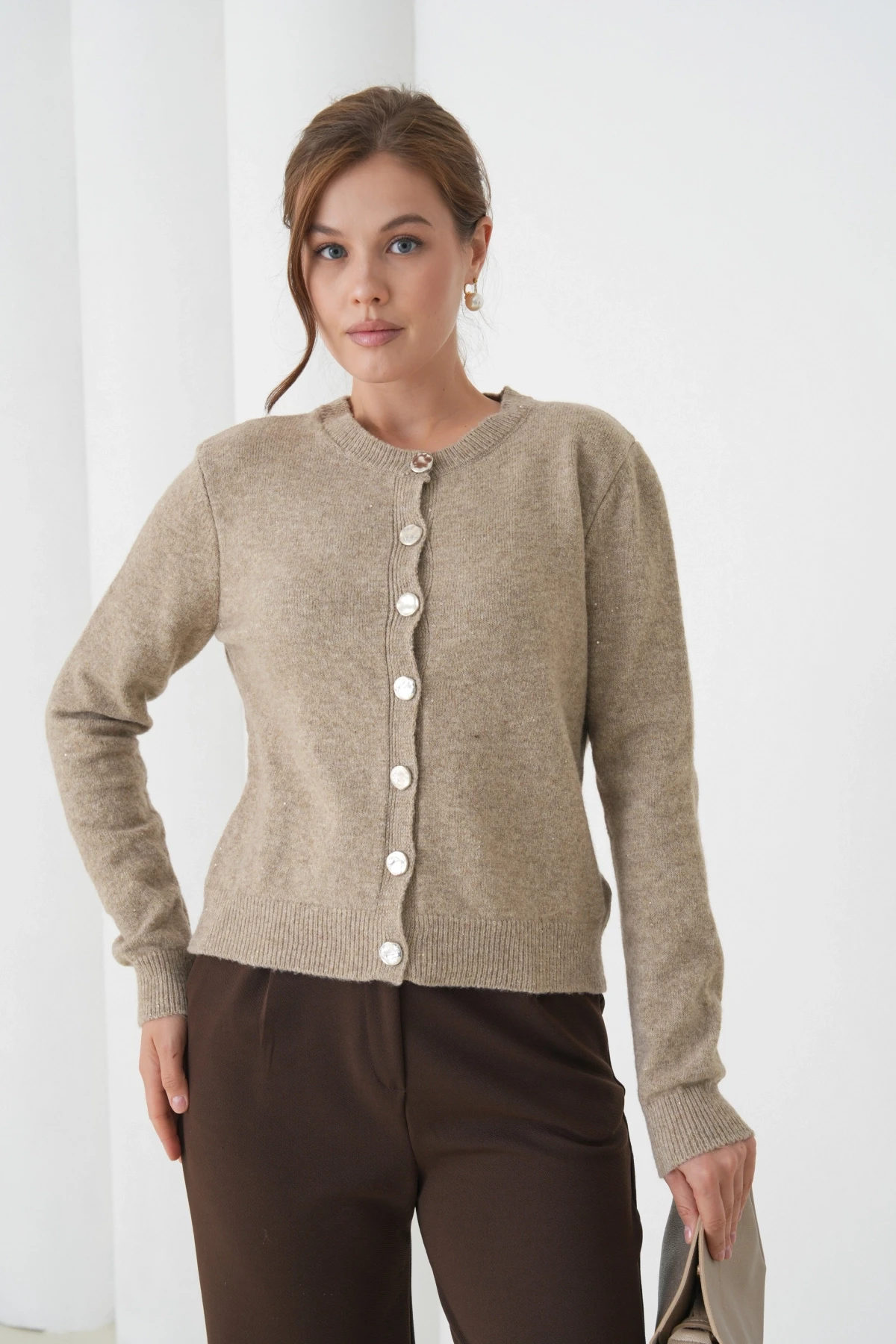 Kadın Vizon Bisiklet Yaka Düğme Detay Yumuşak Dokulu Triko Hırka