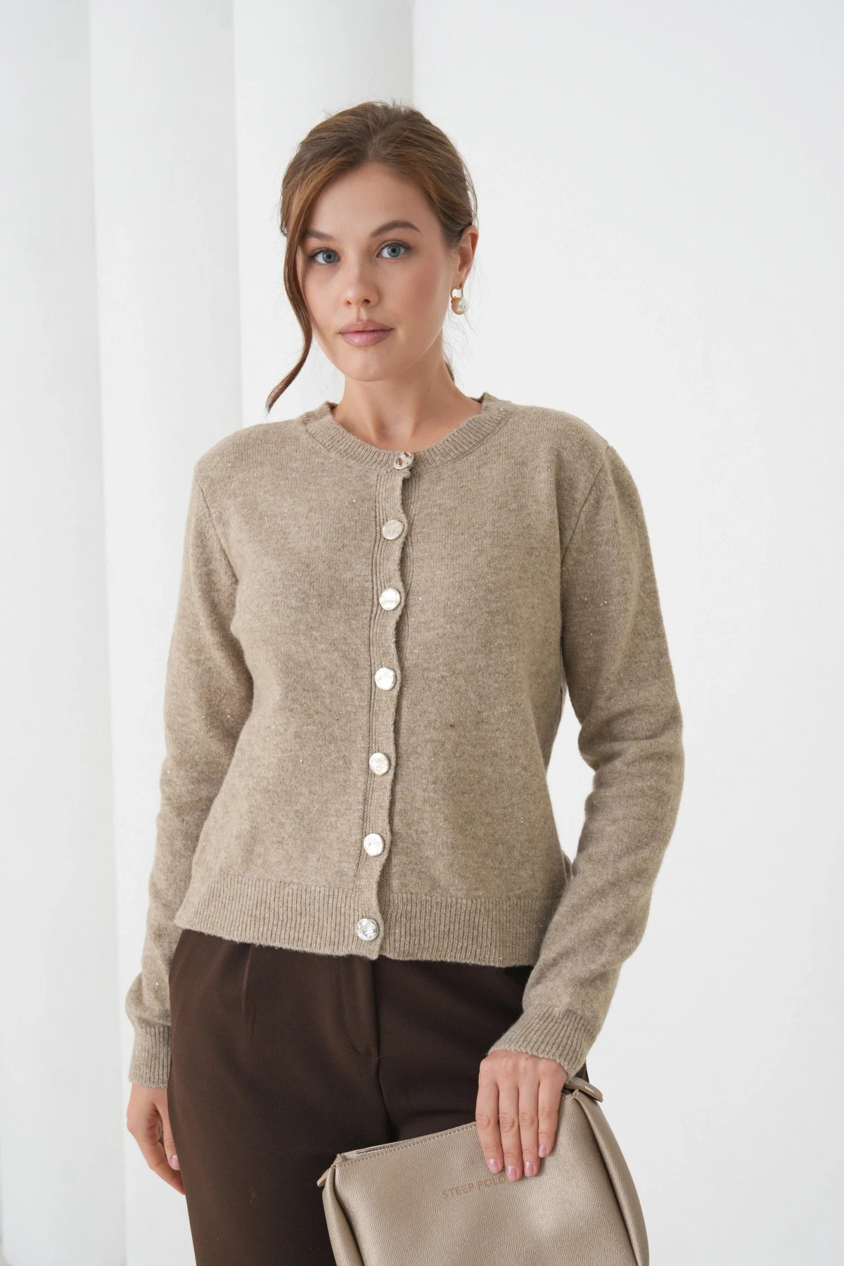 Kadın Vizon Bisiklet Yaka Düğme Detay Yumuşak Dokulu Triko Hırka