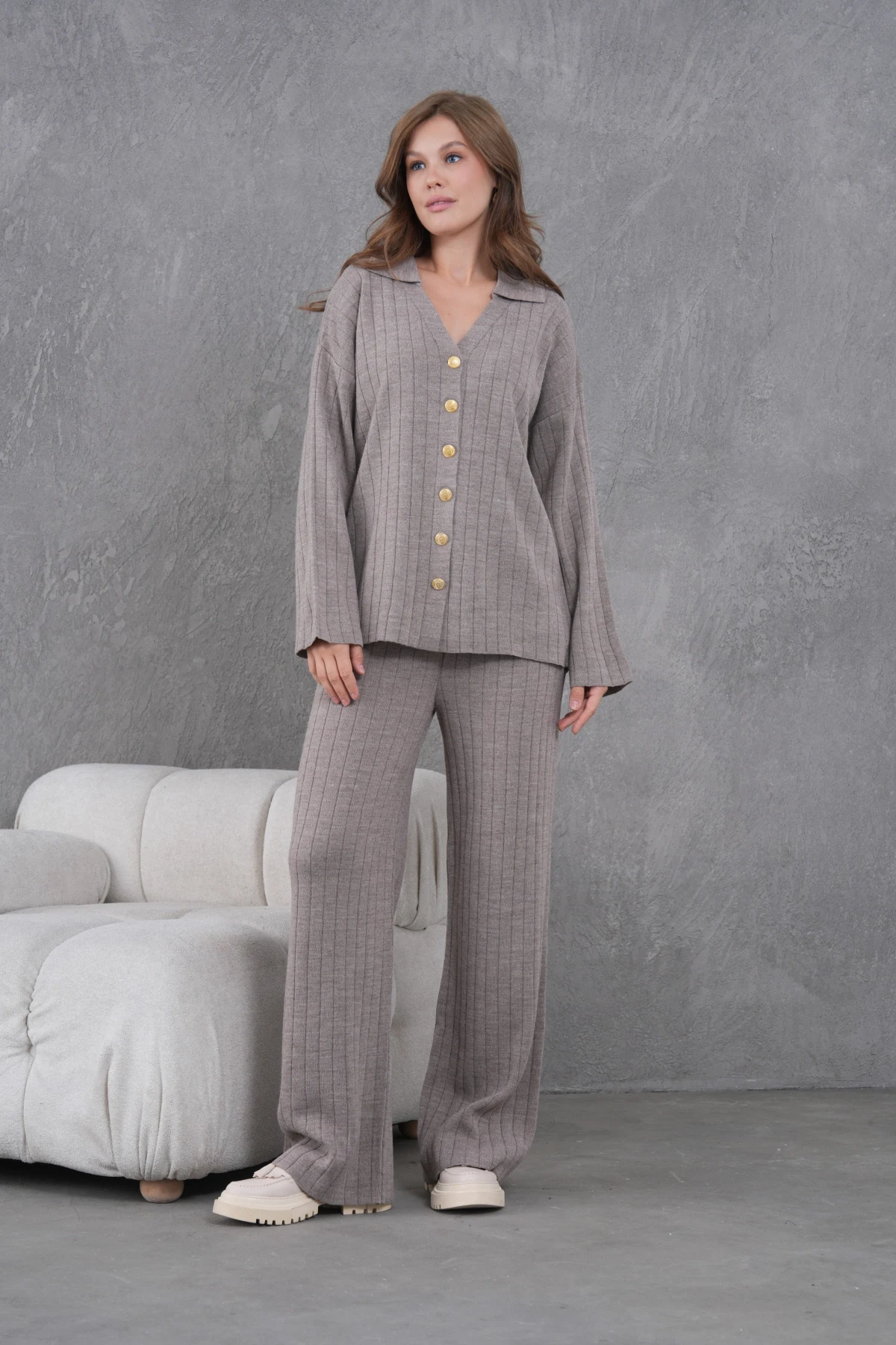 Kadın Vizon Kendinden Dokulu Düğmeli Kazak Pantolon Triko Alt-Üst Takım