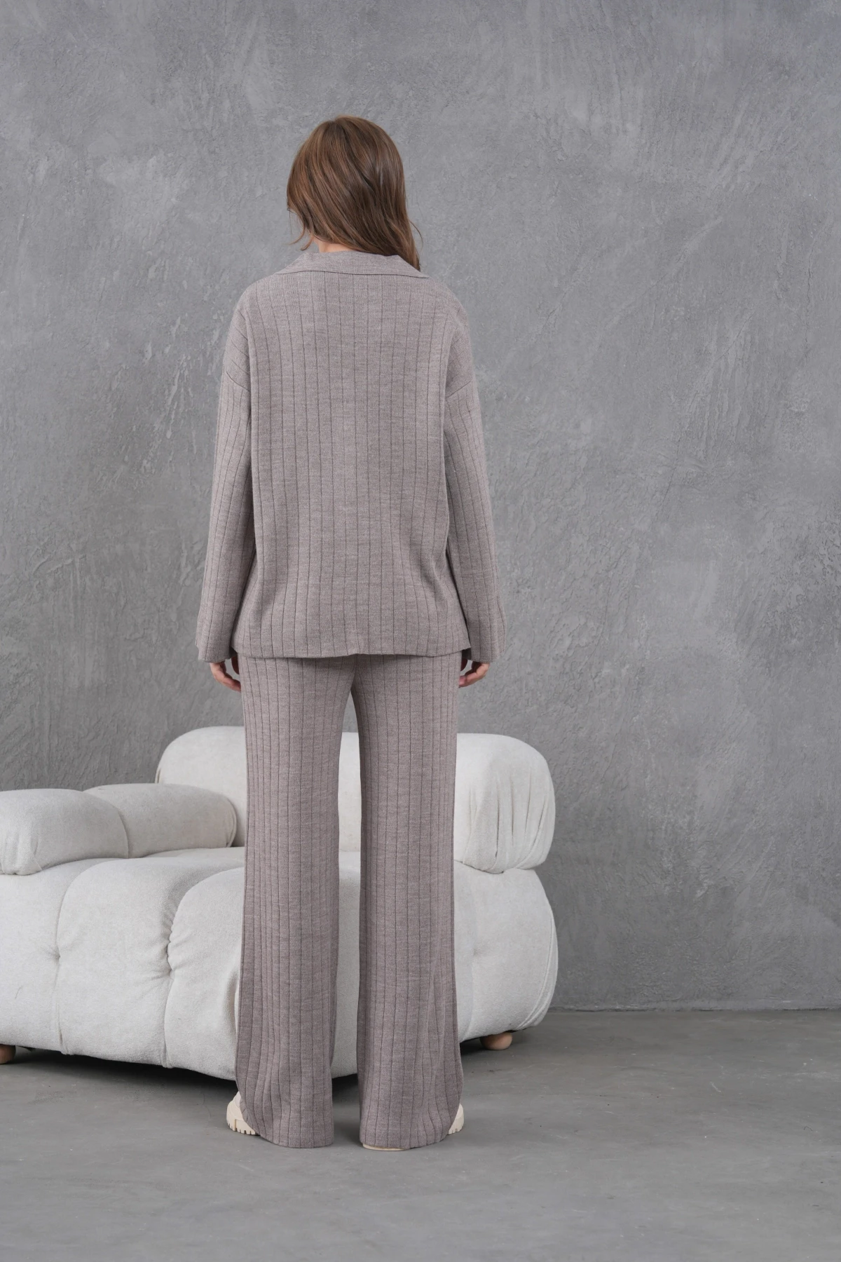 Kadın Vizon Kendinden Dokulu Düğmeli Kazak Pantolon Triko Alt-Üst Takım