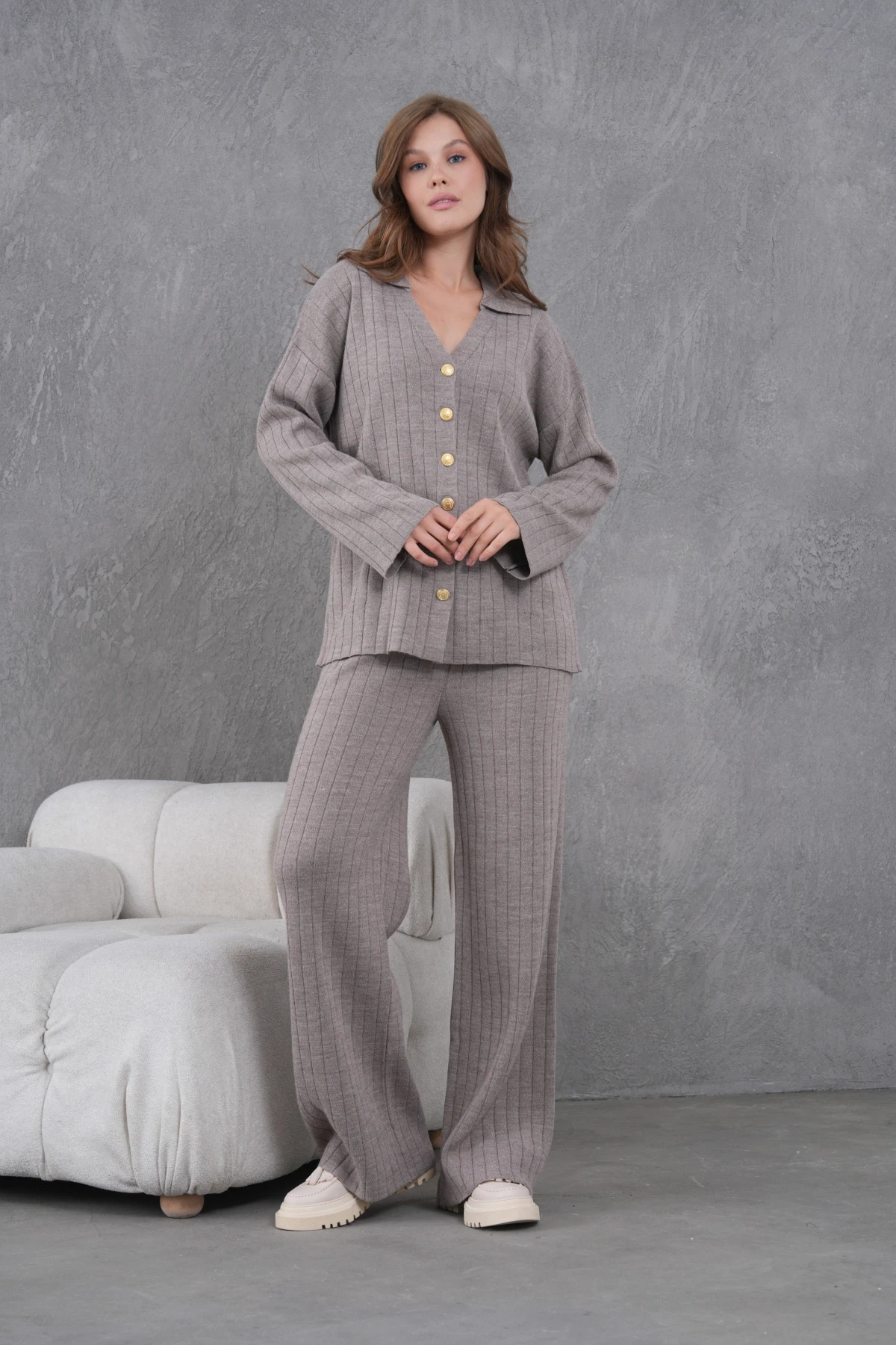 Kadın Vizon Kendinden Dokulu Düğmeli Kazak Pantolon Triko Alt-Üst Takım