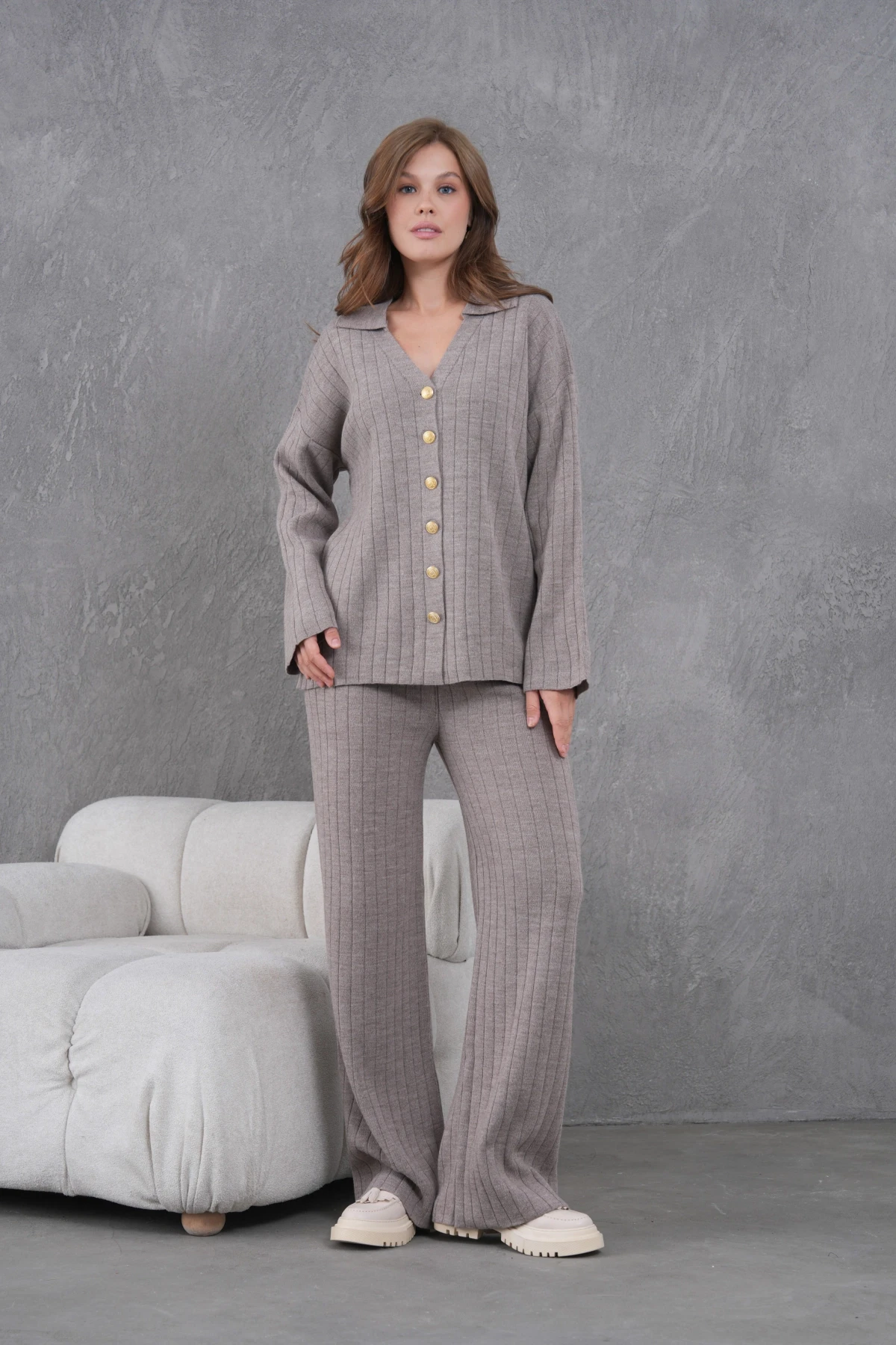 Kadın Vizon Kendinden Dokulu Düğmeli Kazak Pantolon Triko Alt-Üst Takım