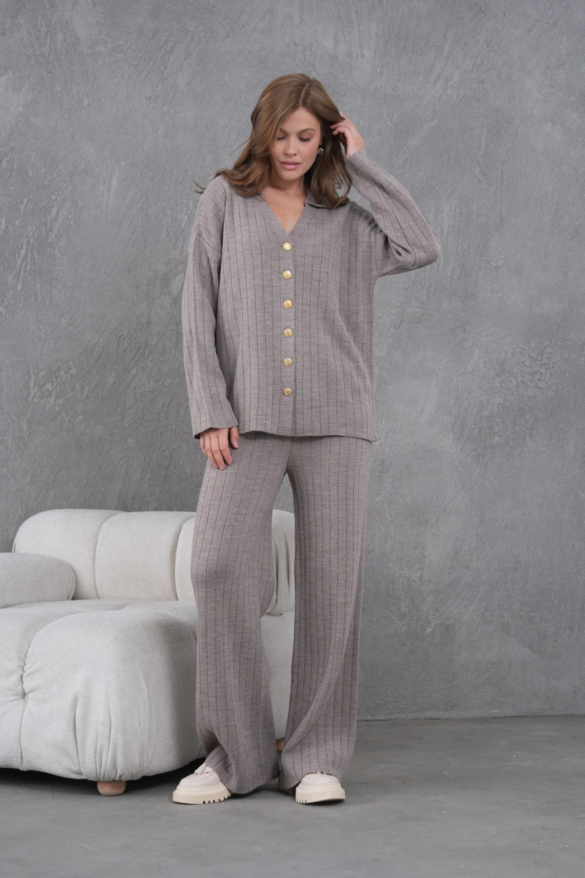 Kadın Vizon Kendinden Dokulu Düğmeli Kazak Pantolon Triko Alt-Üst Takım