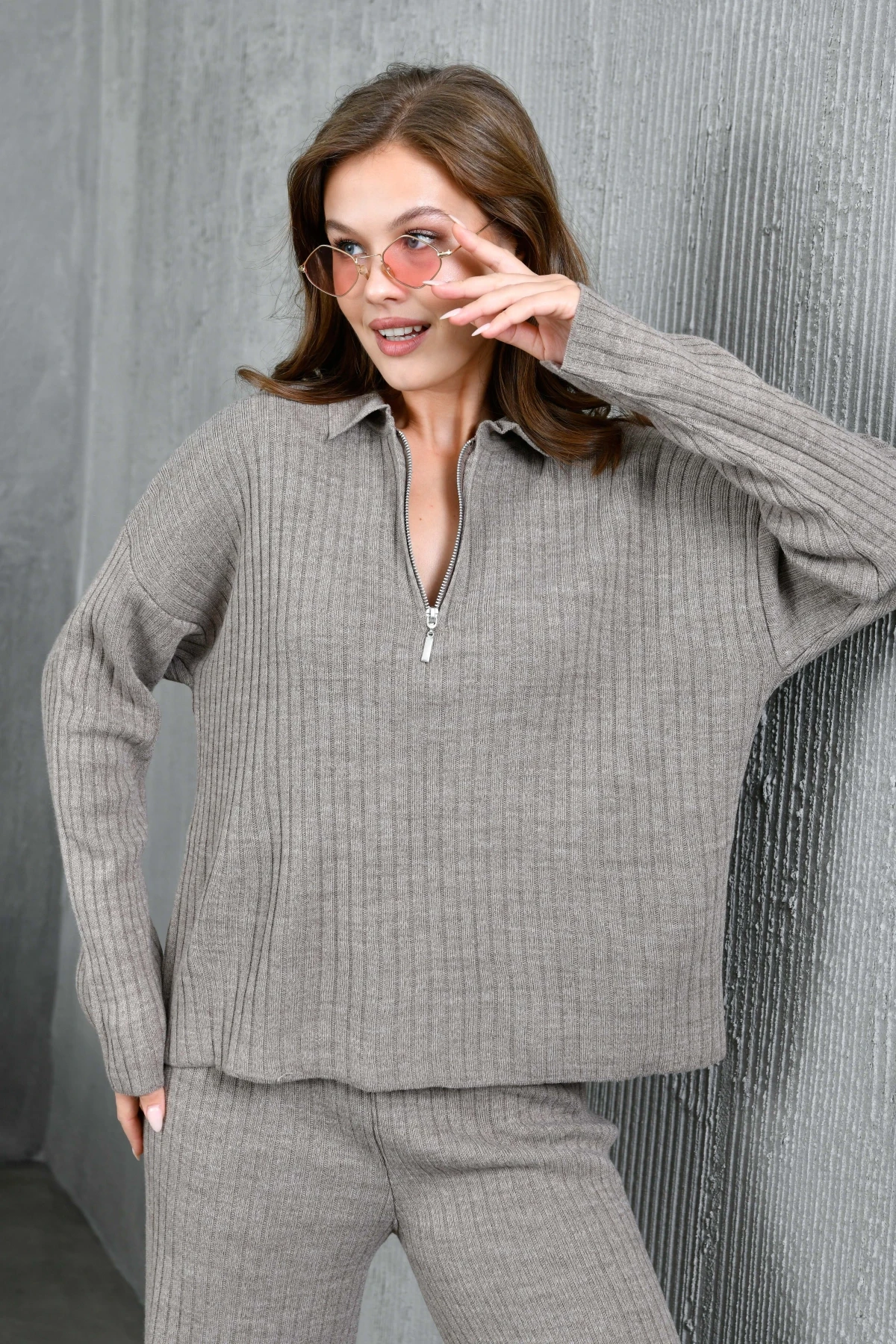 Kadın Vizon Polo Yaka Oversize Kazak Pantolon Triko Alt-Üst Takım