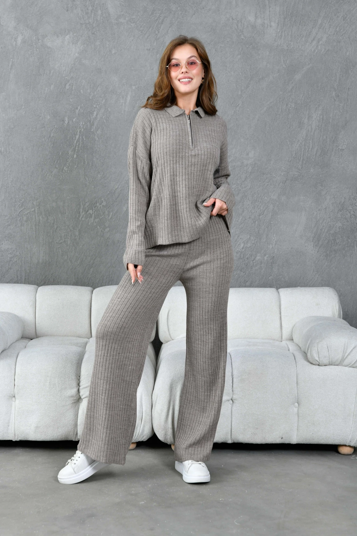 Kadın Vizon Polo Yaka Oversize Kazak Pantolon Triko Alt-Üst Takım