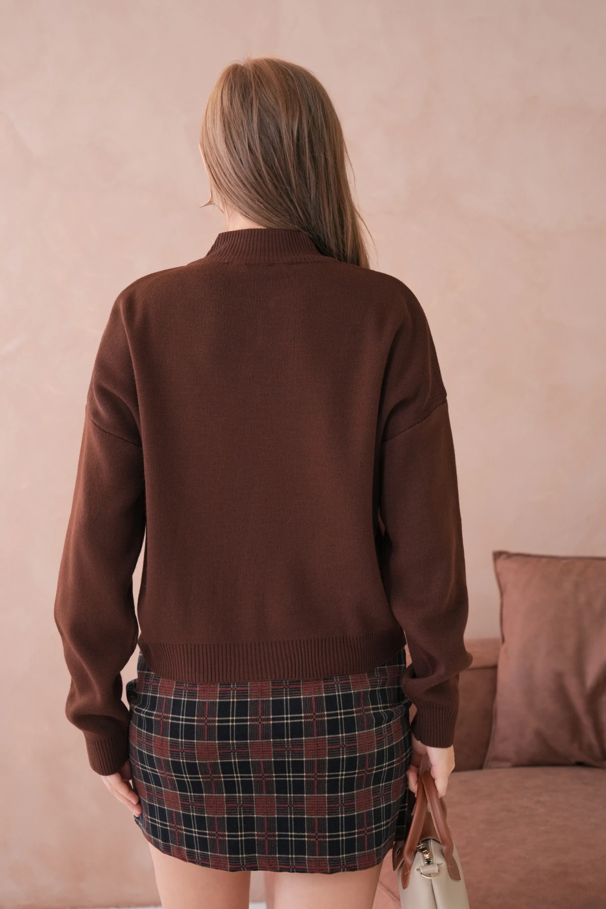 Kadın Yarım Balıkçı Yaka Fermuar Detay Oversize Triko Kazak