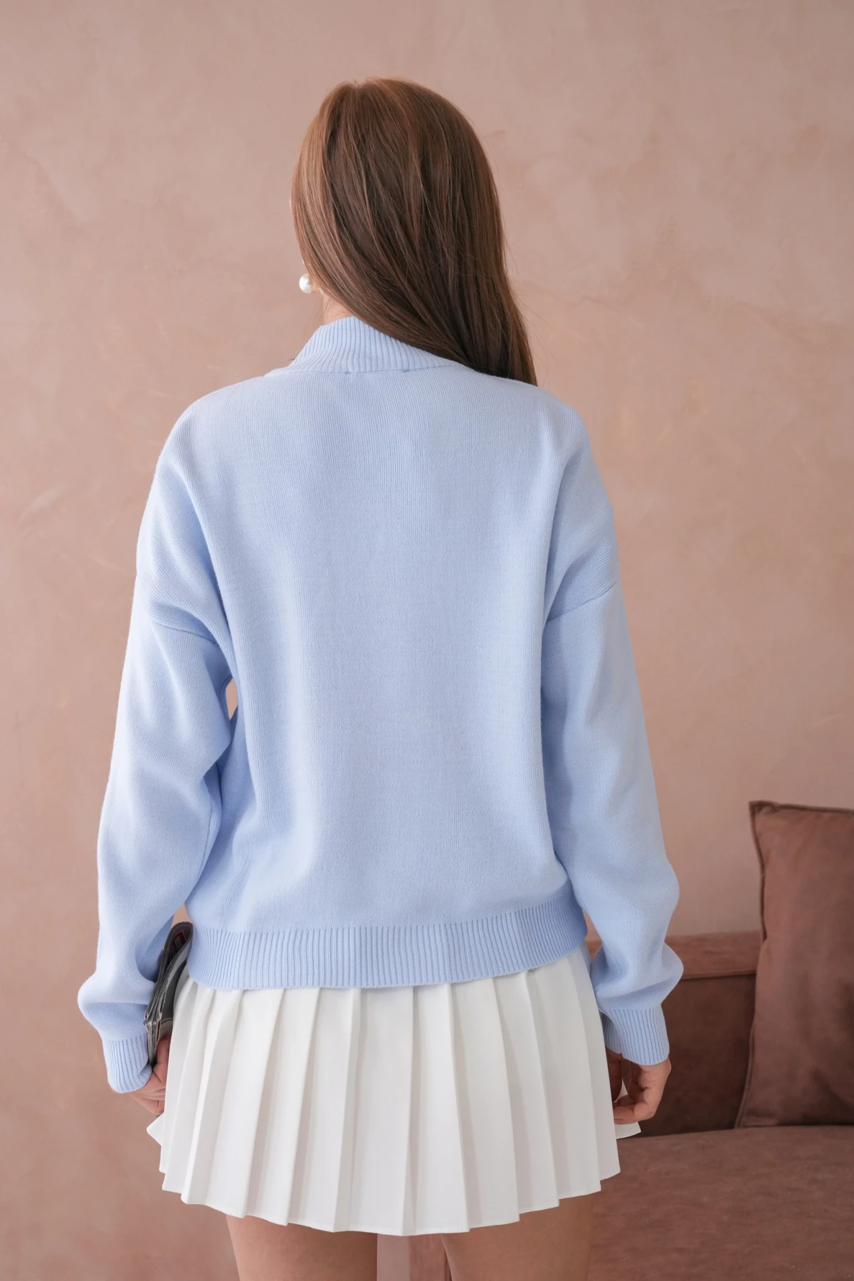 Kadın Yarım Balıkçı Yaka Fermuar Detay Oversize Triko Kazak