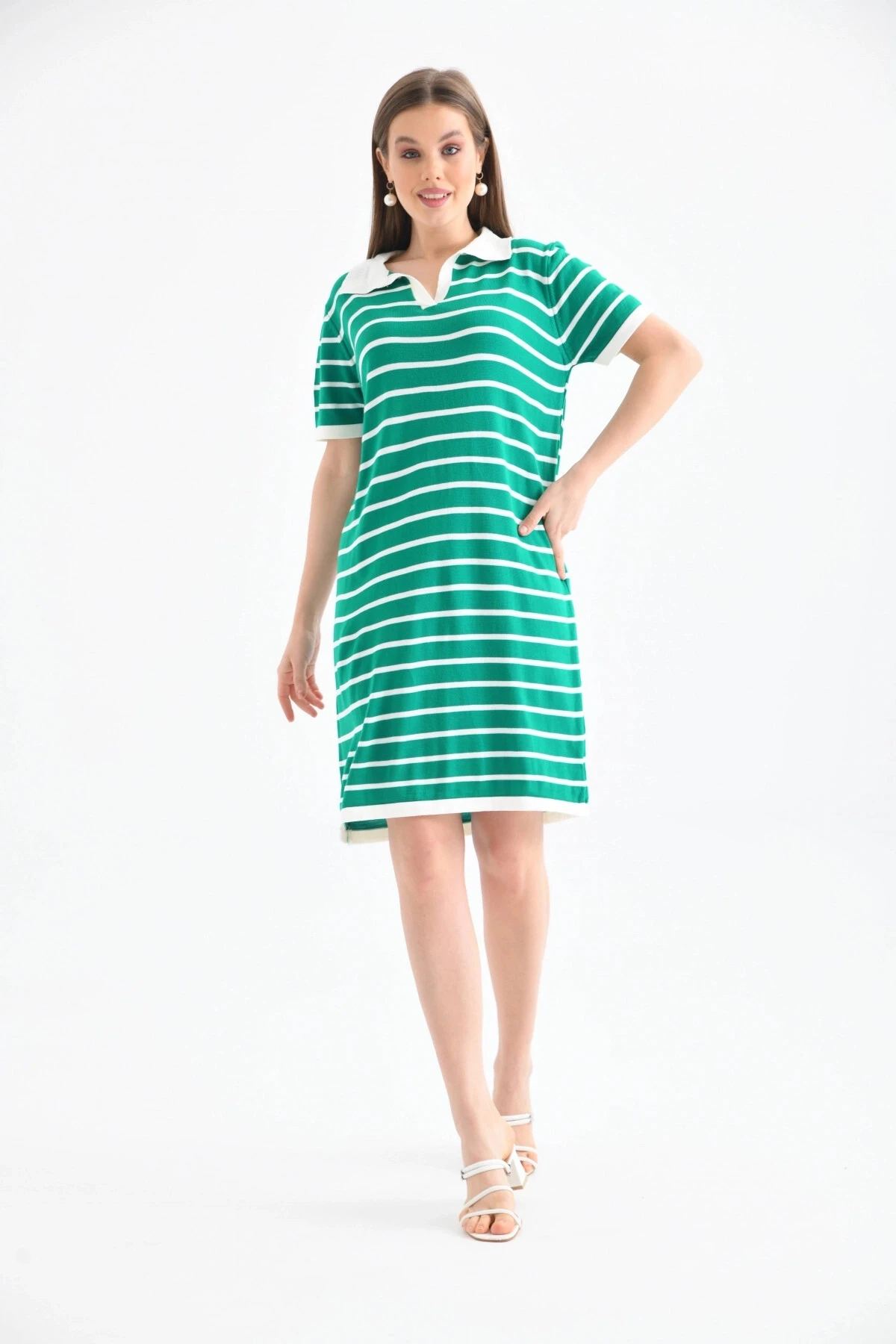 Kadın Gömlek Yaka Yeşil Renk Çizgili Diz Boy Elbise
