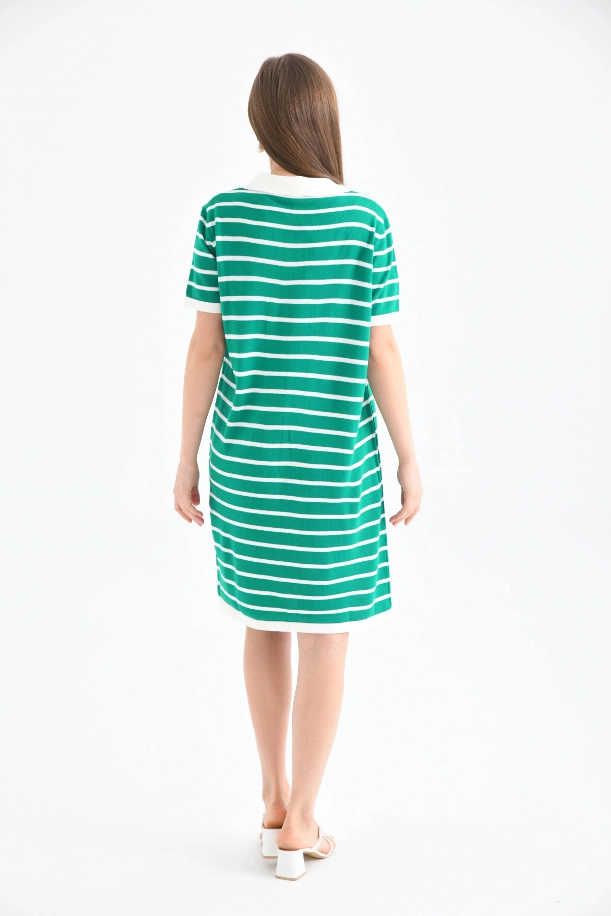 Kadın Gömlek Yaka Yeşil Renk Çizgili Diz Boy Elbise