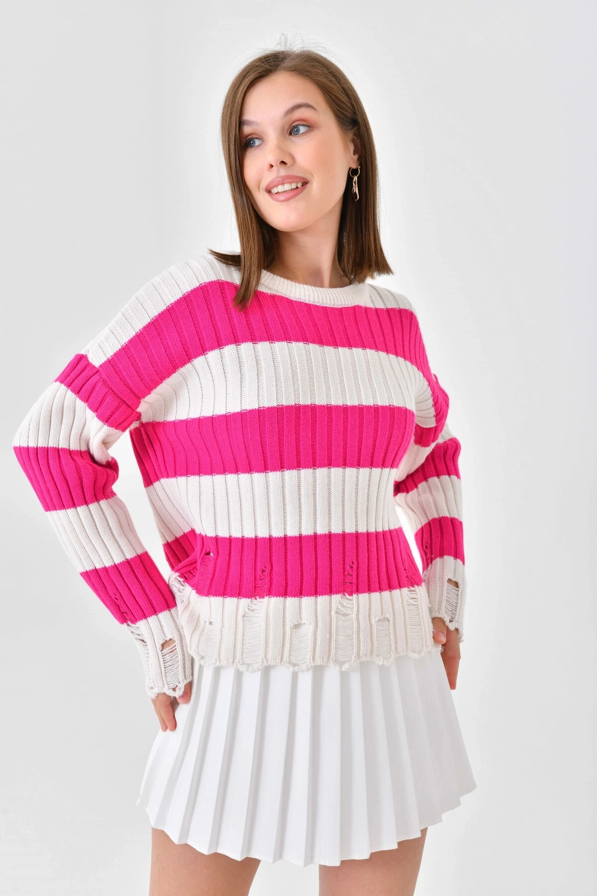 Pembe Beyaz Bisiklet Yaka Triko Kazak