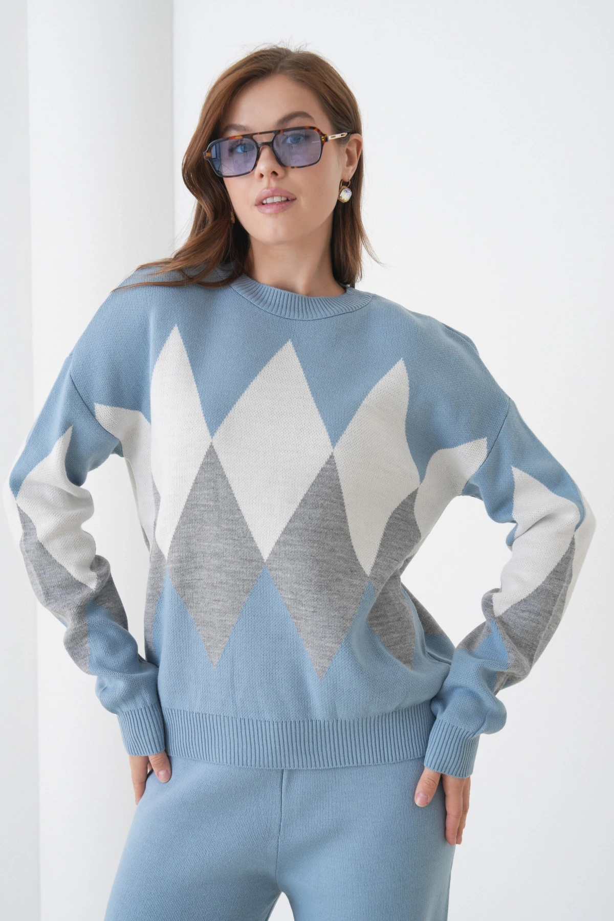 Kadın Açık Mavi Bisiklet Yaka Baklava Desenli Kazak Pantolon Triko Alt-Üst Takım 214076